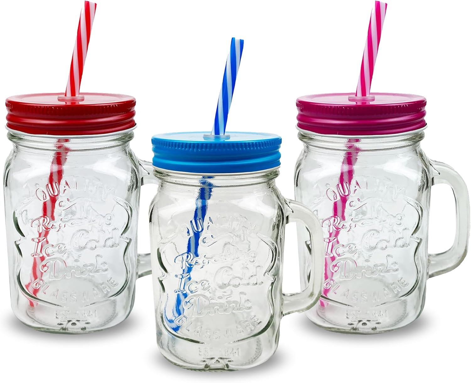 Pack of 3 Mason Jars with Handles, 500 ml Durable Drinking Glasses with Lids, Straws – Perfect for Cold Beverages Including Juices and Smoothies – Ergonomic and Comes in Attractive Hues and Designs