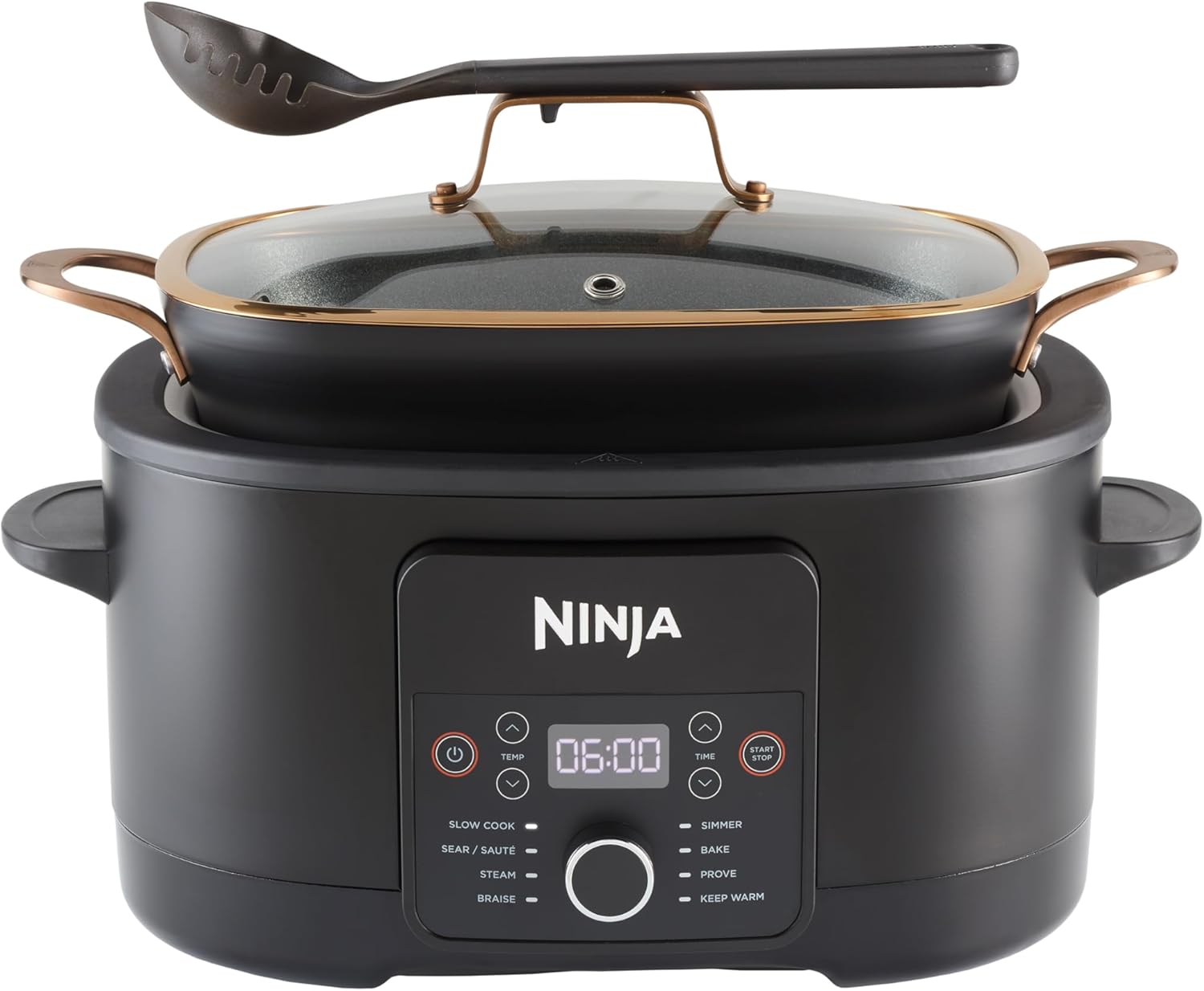 Ninja Foodi PossibleCooker, 8-in-1 Slow Cooker with Non-Stick Pot and Silicone Tongs, Steaming Rack, Integrated Spoon & Glass Lid, Slow Cook, Sear, Braise, Steam & more, 8L, Black/Copper MC1001UKCP