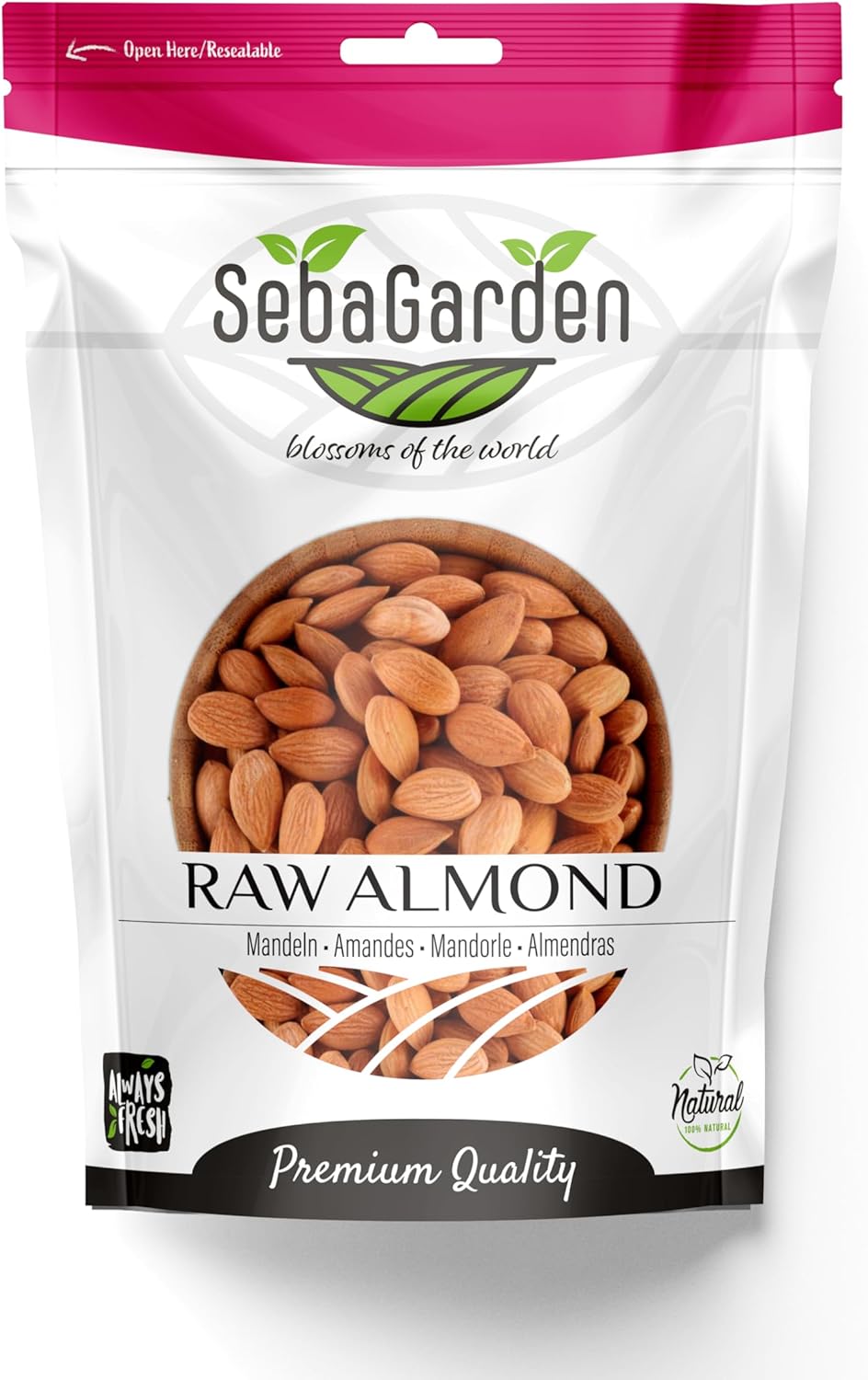 Seba Garden Californian Almonds Raw 1 kg- Whole Natural - Ziplock Bags