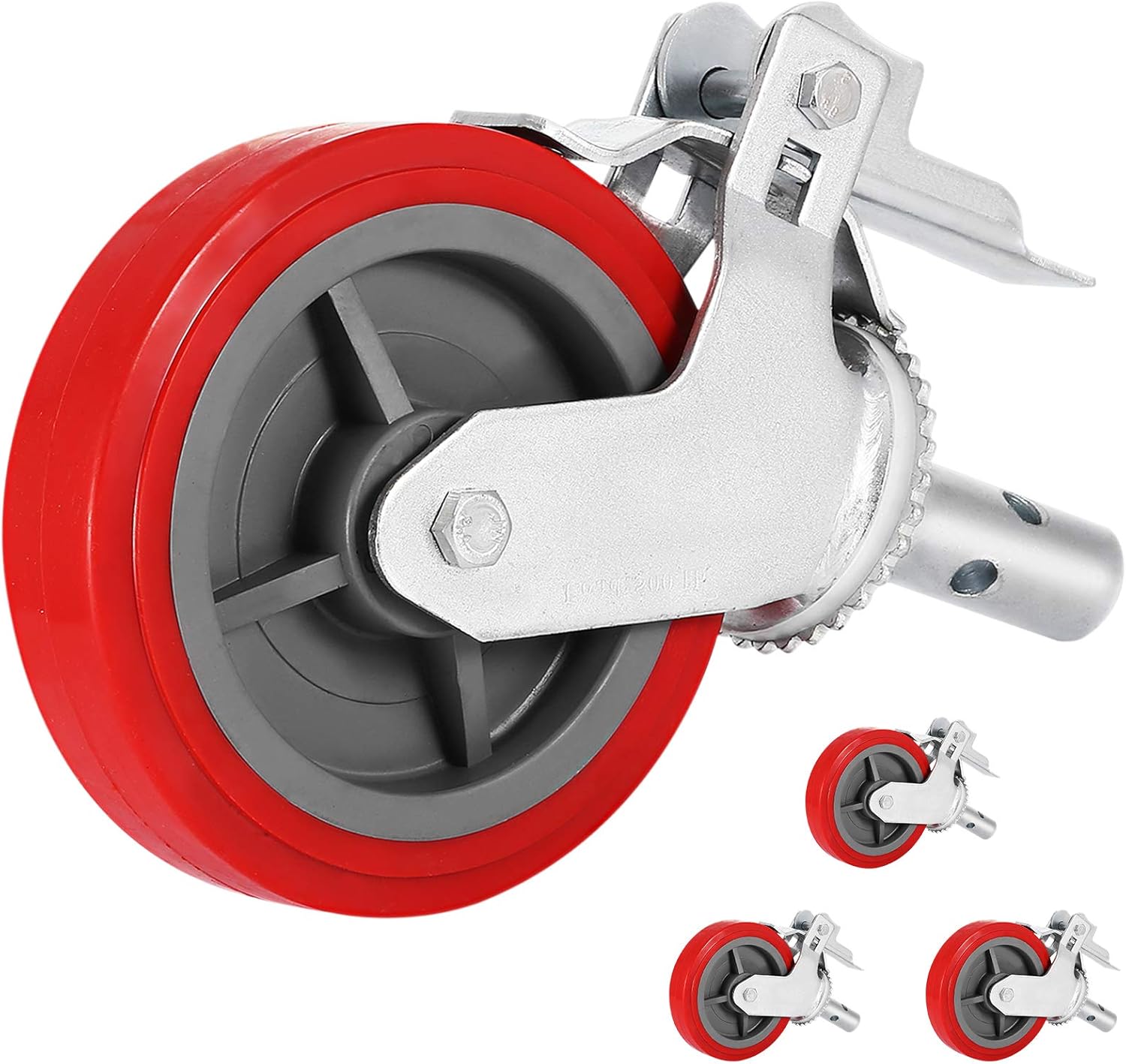 BestEquip Scaffolding Wheels Set of 4, 8" - Scaffolding Casters Heavy Duty, 3200 Lbs Per Set - Locking Stem Casters with Brake, Red Polyurethane - Replacement for Scaffold, Shelves, Workbench