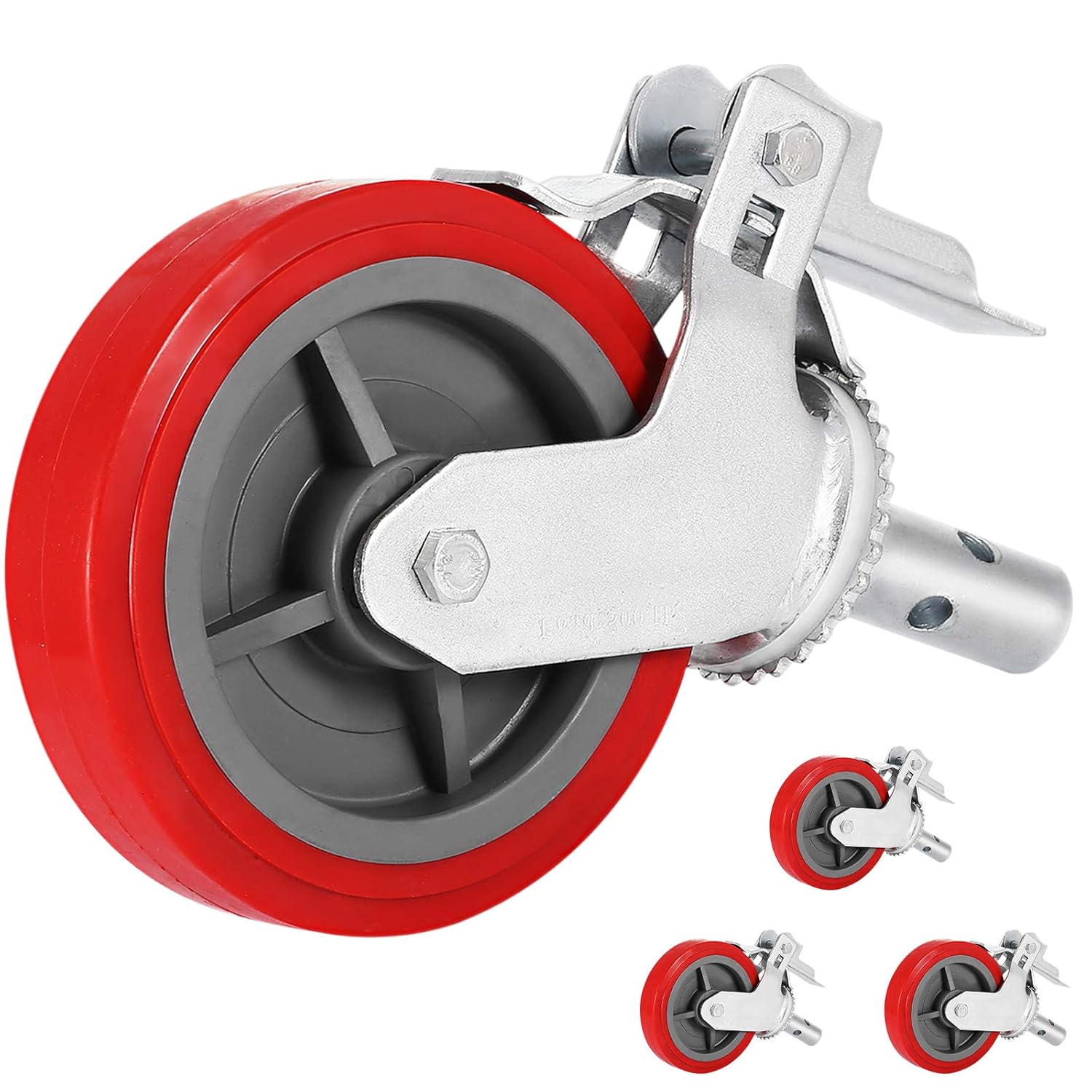BestEquip Scaffolding Wheels Set of 4, 8" - Scaffolding Casters Heavy Duty, 3200 Lbs Per Set - Locking Stem Casters with Brake, Red Polyurethane - Replacement for Scaffold, Shelves, Workbench
