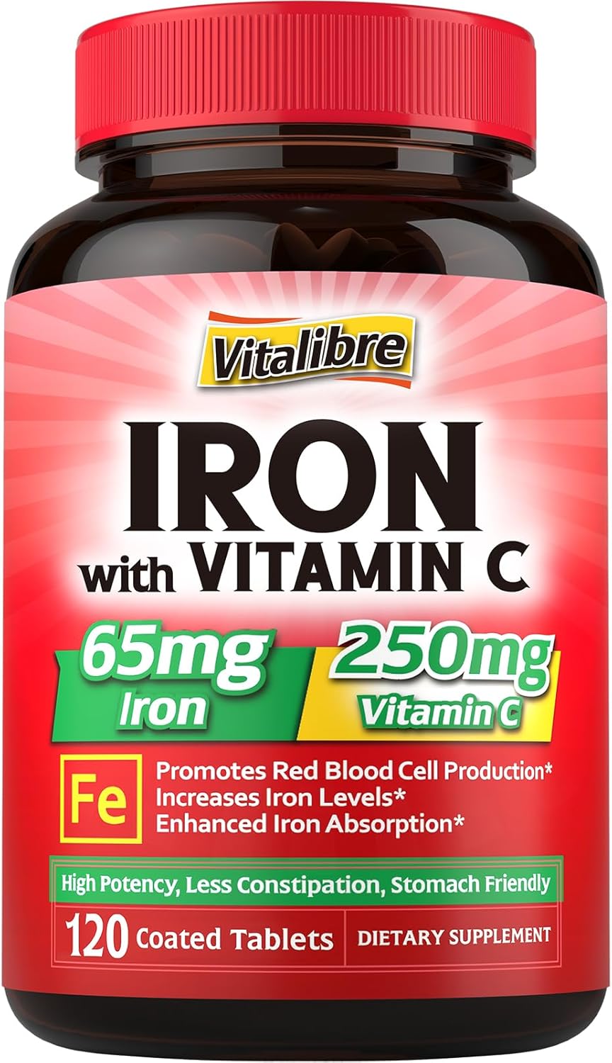 Iron Supplement 65mg with Vitamin C, Stomach Friendly Carbonyl Iron, High Potency & Absorption, for Healthy Iron & Energy Levels, Supports Red Blood Cell Production, 120 Tablets