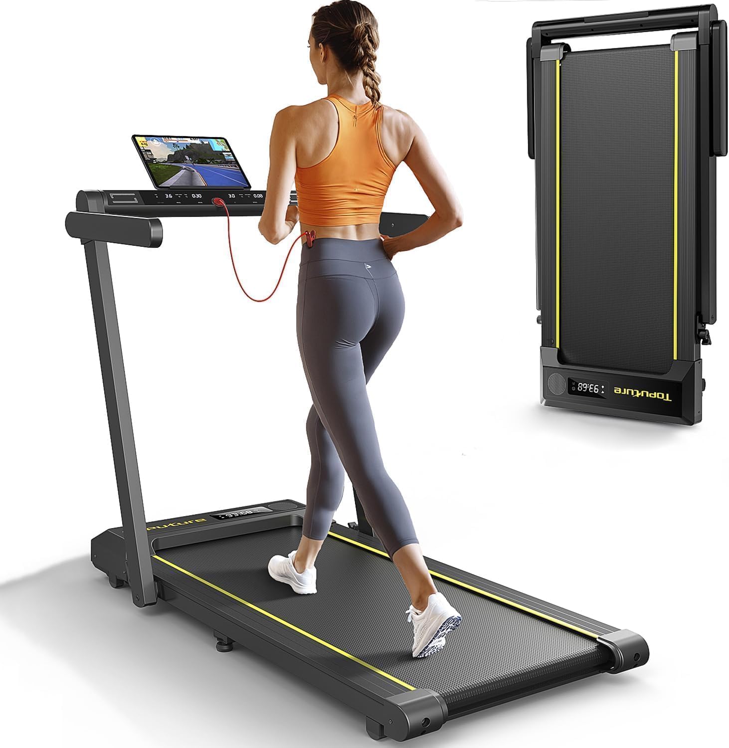 Electric Folding Treadmill 16 km/h, LED Display, 12 Programs, Heart Rate Monitor, APP and Remote Control, Walking and Running Machine for Indoor Home Fitness Exercises