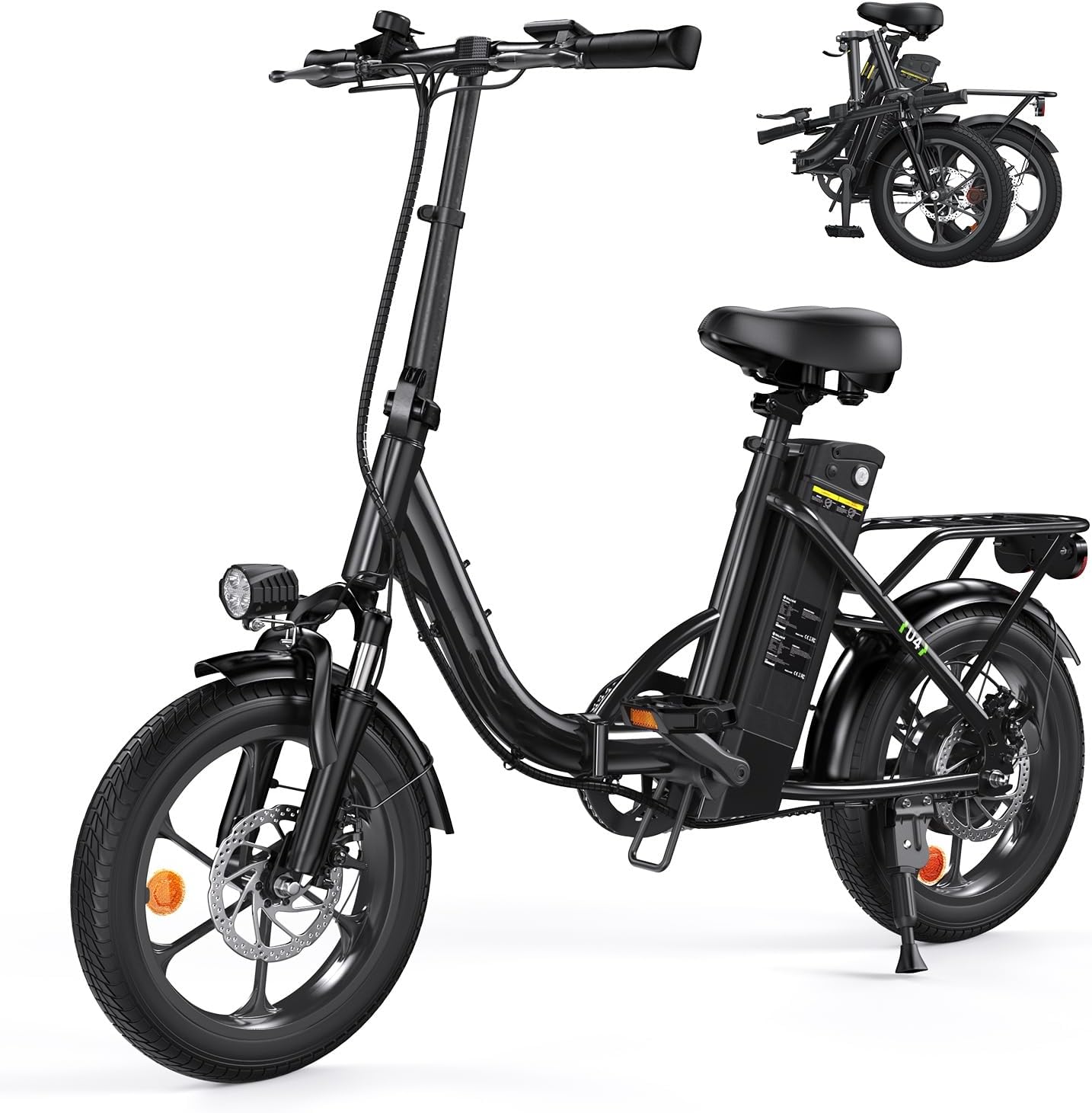 Finbike U4 Electric Bike, 16" Portable Electric Bicycle with Removable Battery, 60KM Max Range, 3 Riding Modes, Front Shock Absorber, Foldable E-bike for Adults/Teens