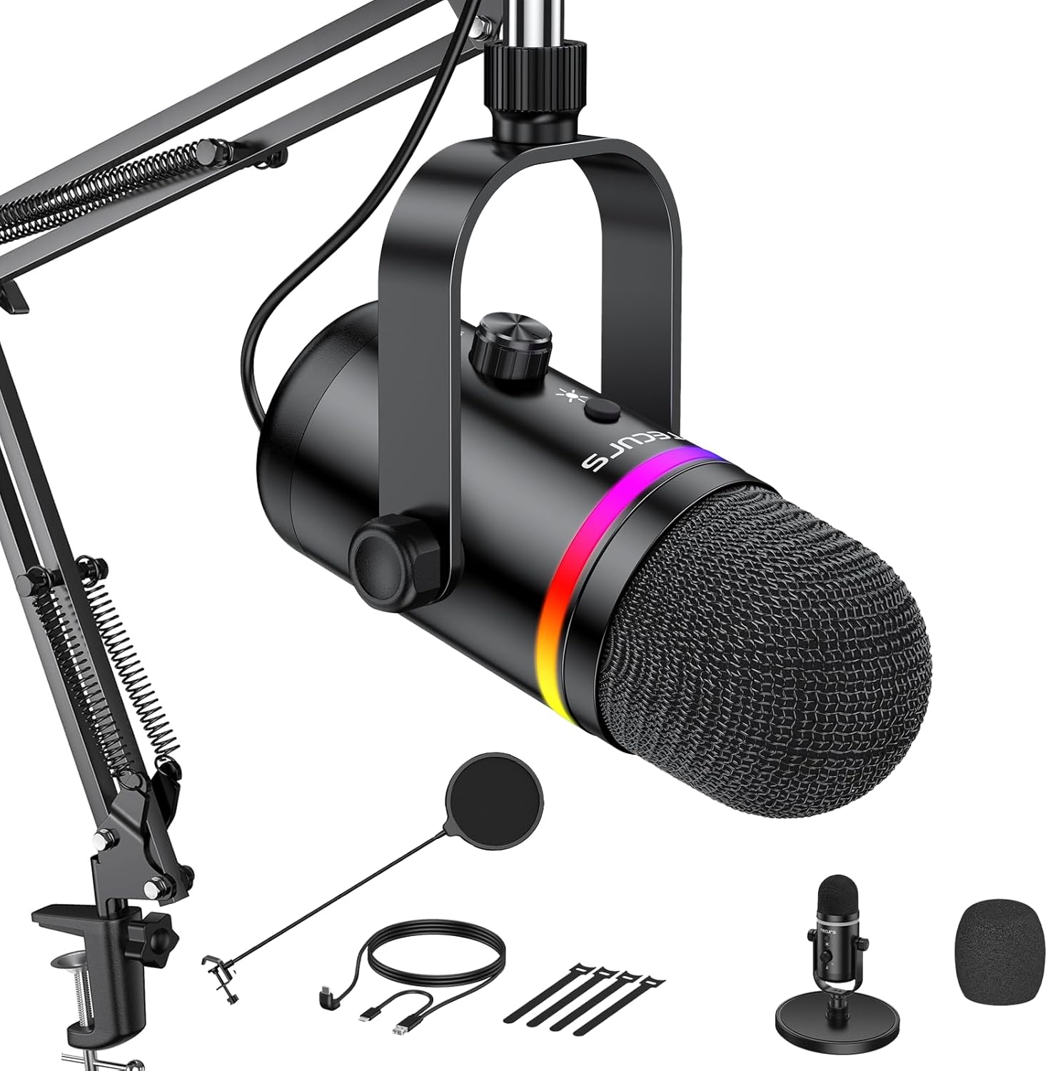 TECURS USB Microphone RGB with Arm,Condenser Microphones for PC, Gaming Mic Kit with Adjustment Boom Stand,Pop Filter,Quick Mute,Gain Control for Streaming Discord Podcasts,Recording,PS4/5