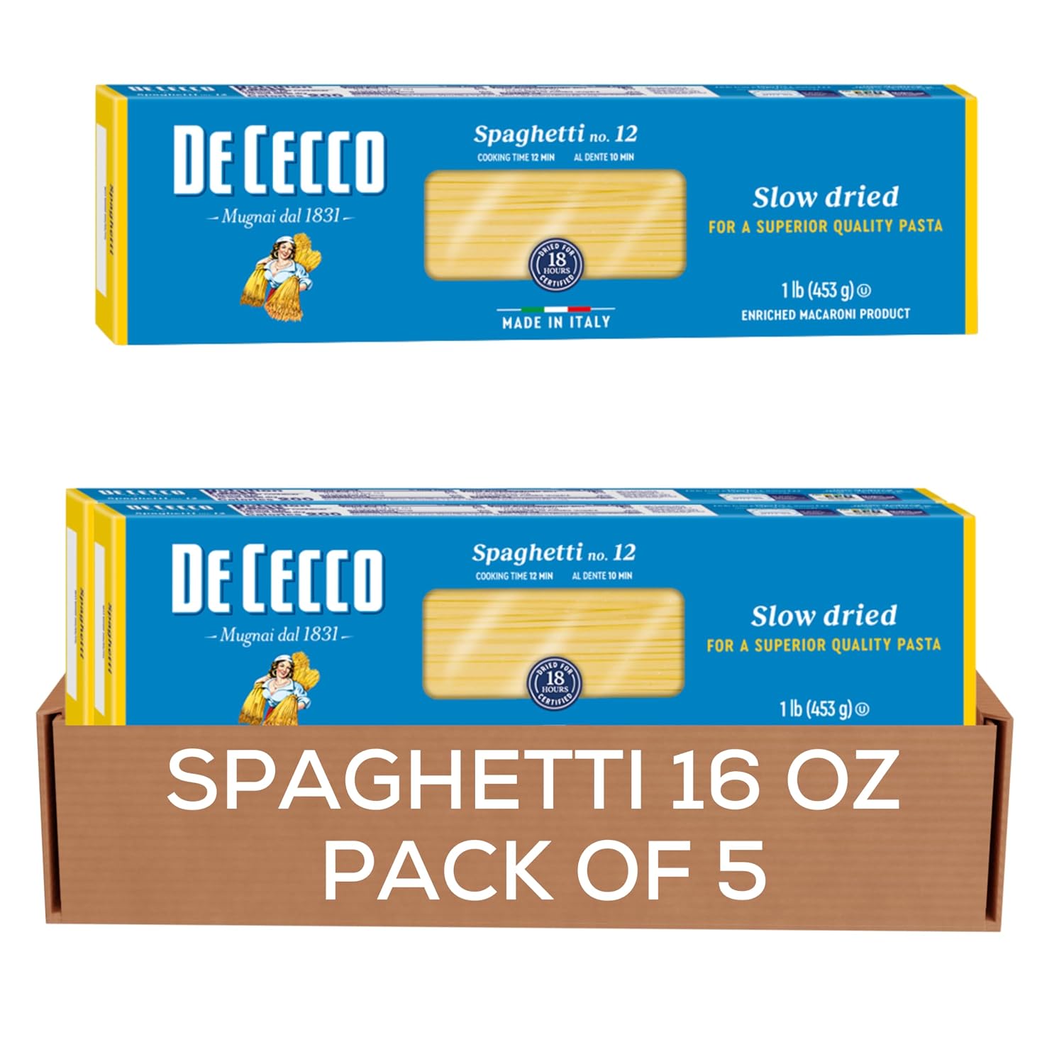 De Cecco Spaghetti No. 12 Pasta, 16 Oz (Pack of 5), Authentic, Slow Dried, Made with Durum Wheat, Versatile Pasta for Sauces & Recipes, Made in Italy