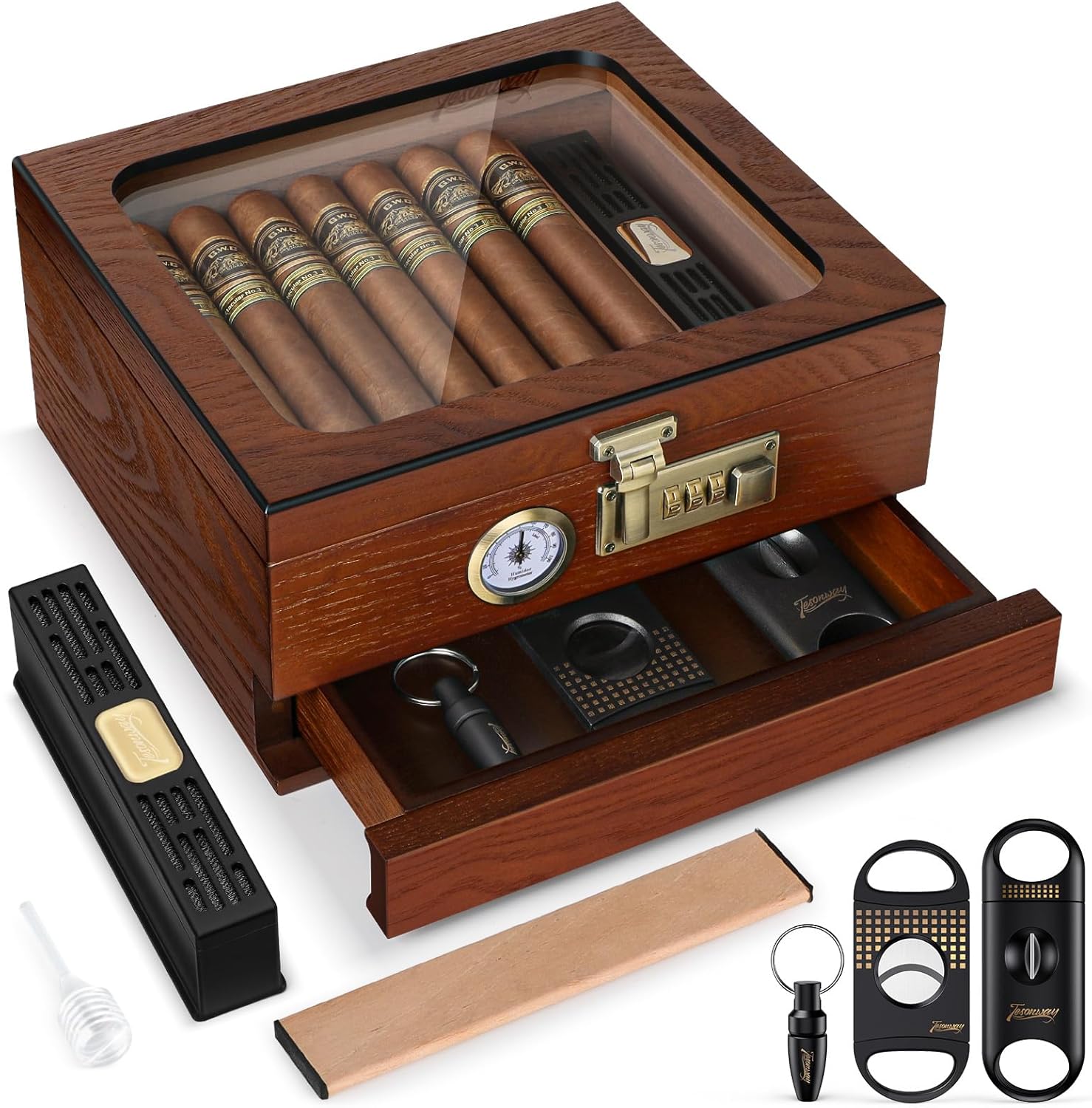 Tesonway Cigar Humidor, Cedar Wood Humidor Cigar Box, Glass Top Desktop Humidor with Front Hygrometer, Humidifier, Divider, Accessories Drawer and Combination Lock, Cigar Gifts for Men (Brown)
