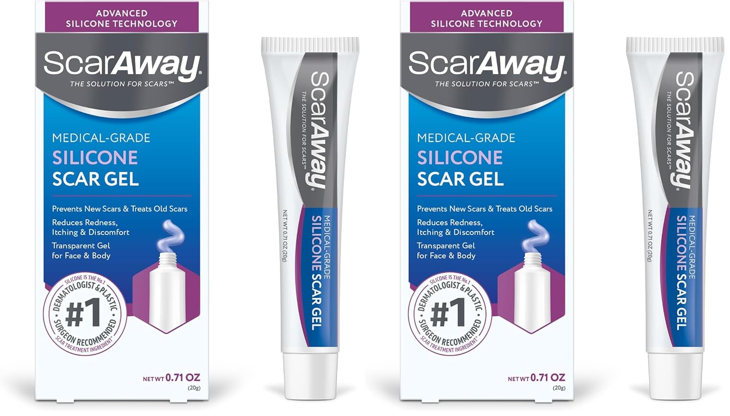 ScarAway Silicone Scar Gel, Helps Improve Size, Color & Texture of Hypertrophic & Keloid Scars from Injury, Burns & Surgery, Water Resistant, 20g (0.7 Oz) (Pack of 2)