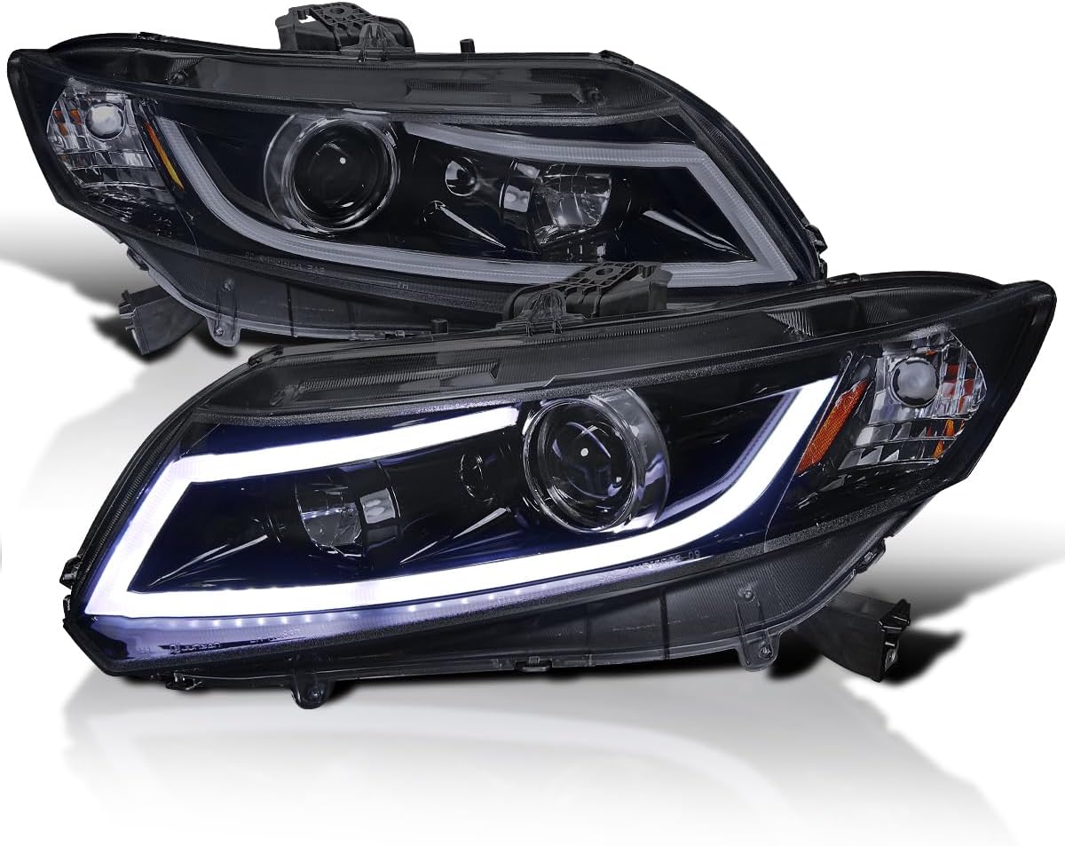 SPEC-D TUNING Glossy Black Smoke Projector Headlights W/LED Light Bar Compatible with 2012-2013 Honda Civic Coupe, 2012-2015 Honda Civic Sedan, Left + Right Pair Headlamps Assembly