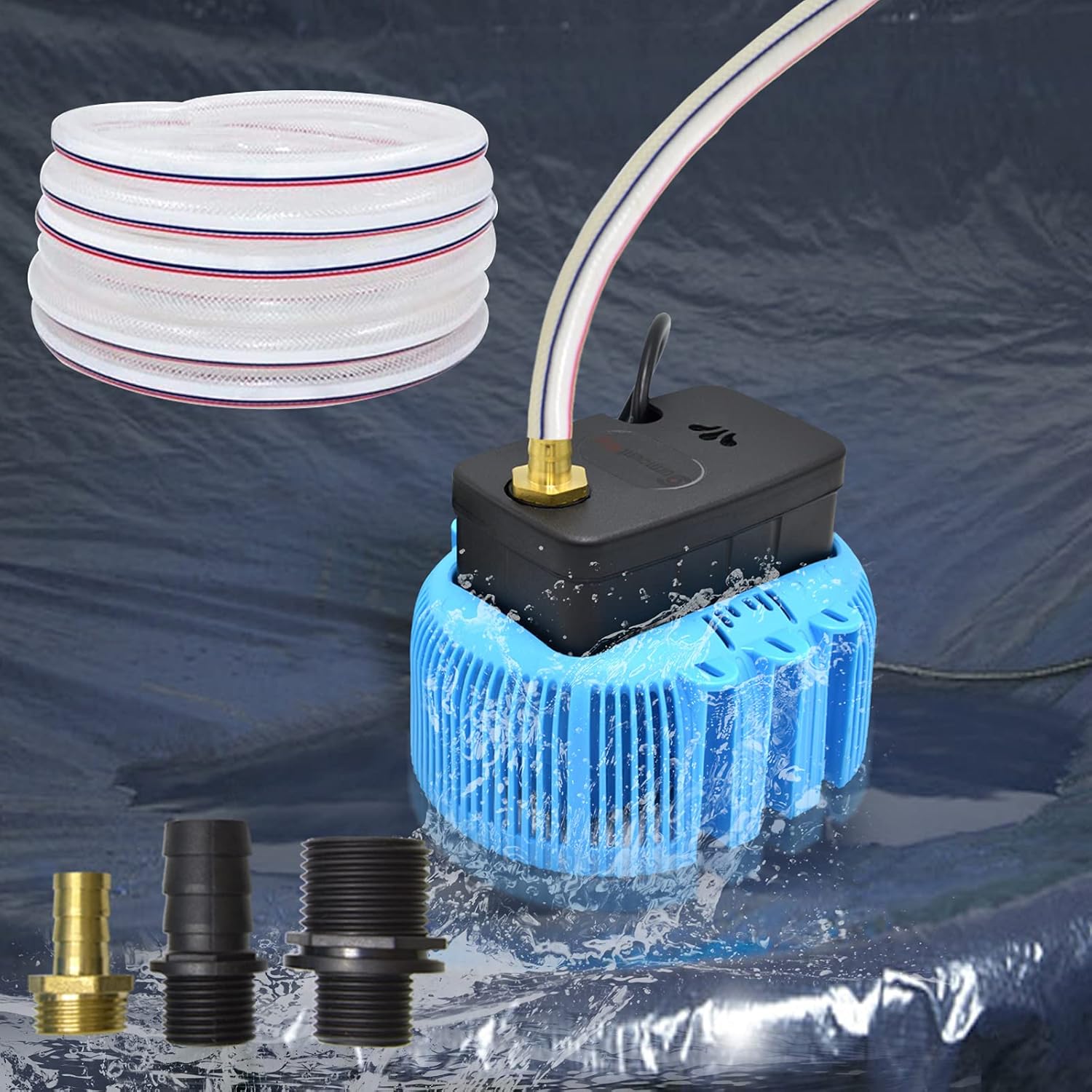 SurmountWay Pool Cover Pump Above Ground,850 GPH, 3 Adapters Swimming Pool Cover Pump with 16 Foot Heavy-Duty Kink Proof Hose(Blue)