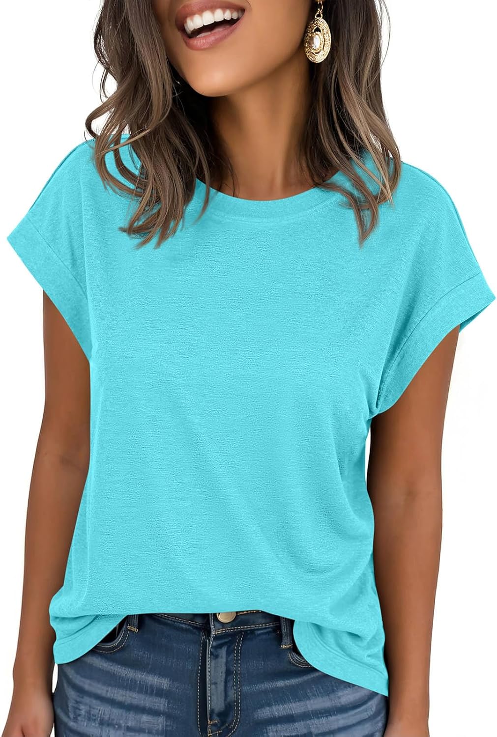 IRISGOD Womens Cap Sleeve Summer Tops Casual Short Sleeve Trendy T-Shirts 2025 Loose Fit Crew Neck Tee with Side Slits