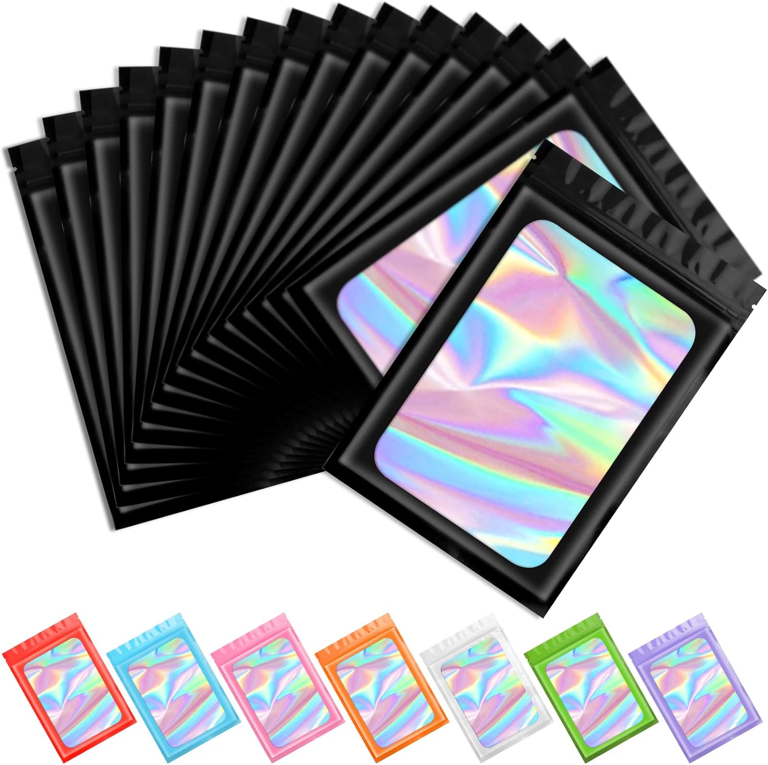 Funfery 100 pcs Black Mylar Holographic Bags Packaging Bags,Clear Resealable Bag Foil Pouch Bag for Food Storage and Lipgloss,Jewelry,Eyelash Packaging for Small Business(2.4x3.9Inch)