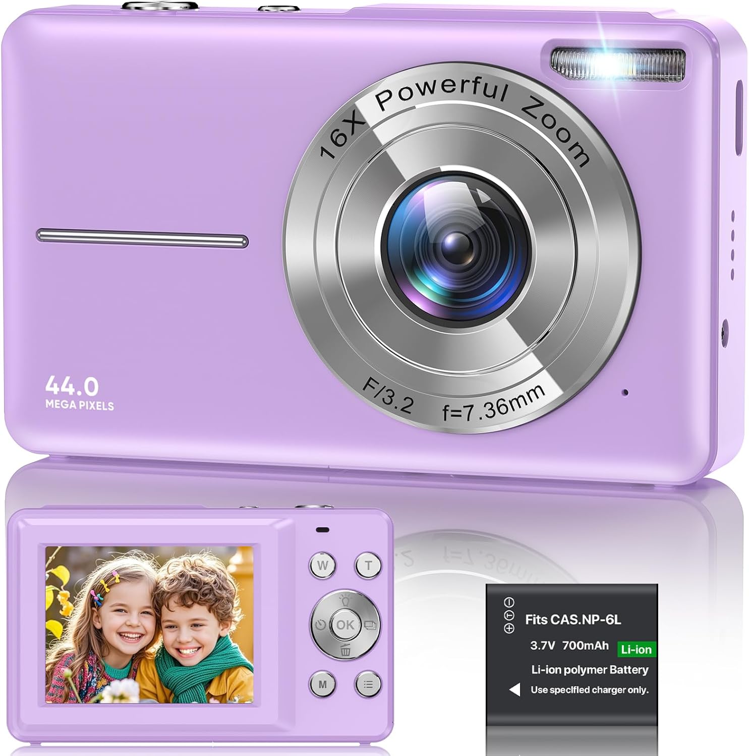 Digital Camera 1080P, 44MP FHD Compact Digital Camera, 16X Digital Zoom Portable Photo Camera with 2.4" LCD Screen, 1 Battery, Vlogging Camera for Kids, Beginners, Teens, Students-Purple (No SD Card)