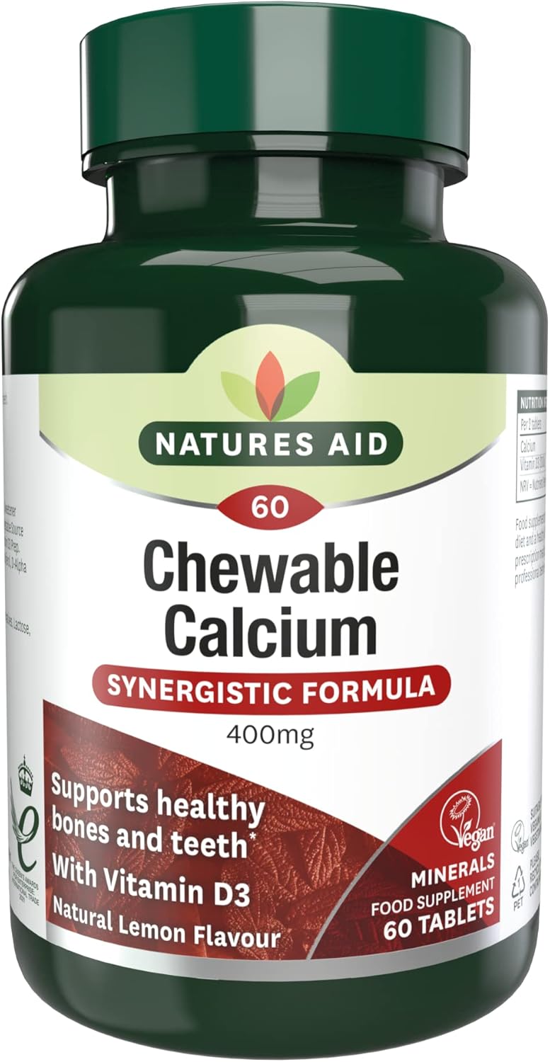 Natures Aid Chewable Calcium 400mg with Vitamin D3 – Supports Bones, Teeth & Immunity – High Strength, Vegan, Non-GMO, Gluten-Free, Natural Supplement – 60 Lemon Flavoured Tablets