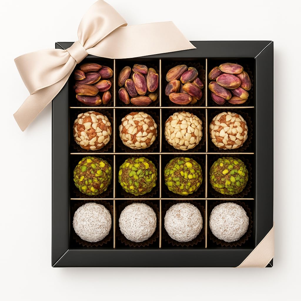 Andy Anand Sugar Free Natural Truffles, Taste in Every Bite, Simply Delicious & Divine, Gluten Free, Non-GMO, Pistachio, Hazelnut, No Preservatives, Coconut, Gift Box (16 Pcs 9.7 Oz)