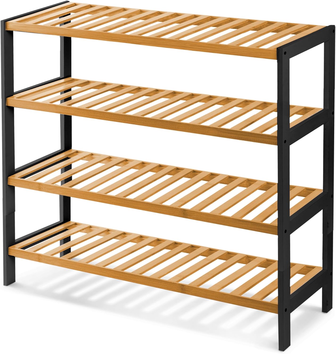 KEPLIN 4 Tier Natural Bamboo Shoe Rack Easy Assembly & Strong Design Stand Shelf Organiser Ideal for Corridor,Bedroom,Bathroom,Hallway & Small Spaces Large Capacity (4 Tier, Black/Natural)