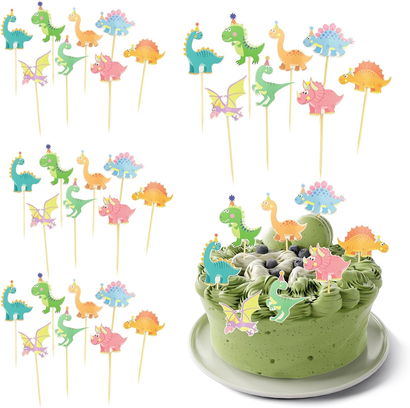 32 Pieces Dinosaur Cake Toppers, Cupcake Toppers, Dinosaur Cake Decorations, Cake Inserts, Animal Theme Party Decoration Supplies
