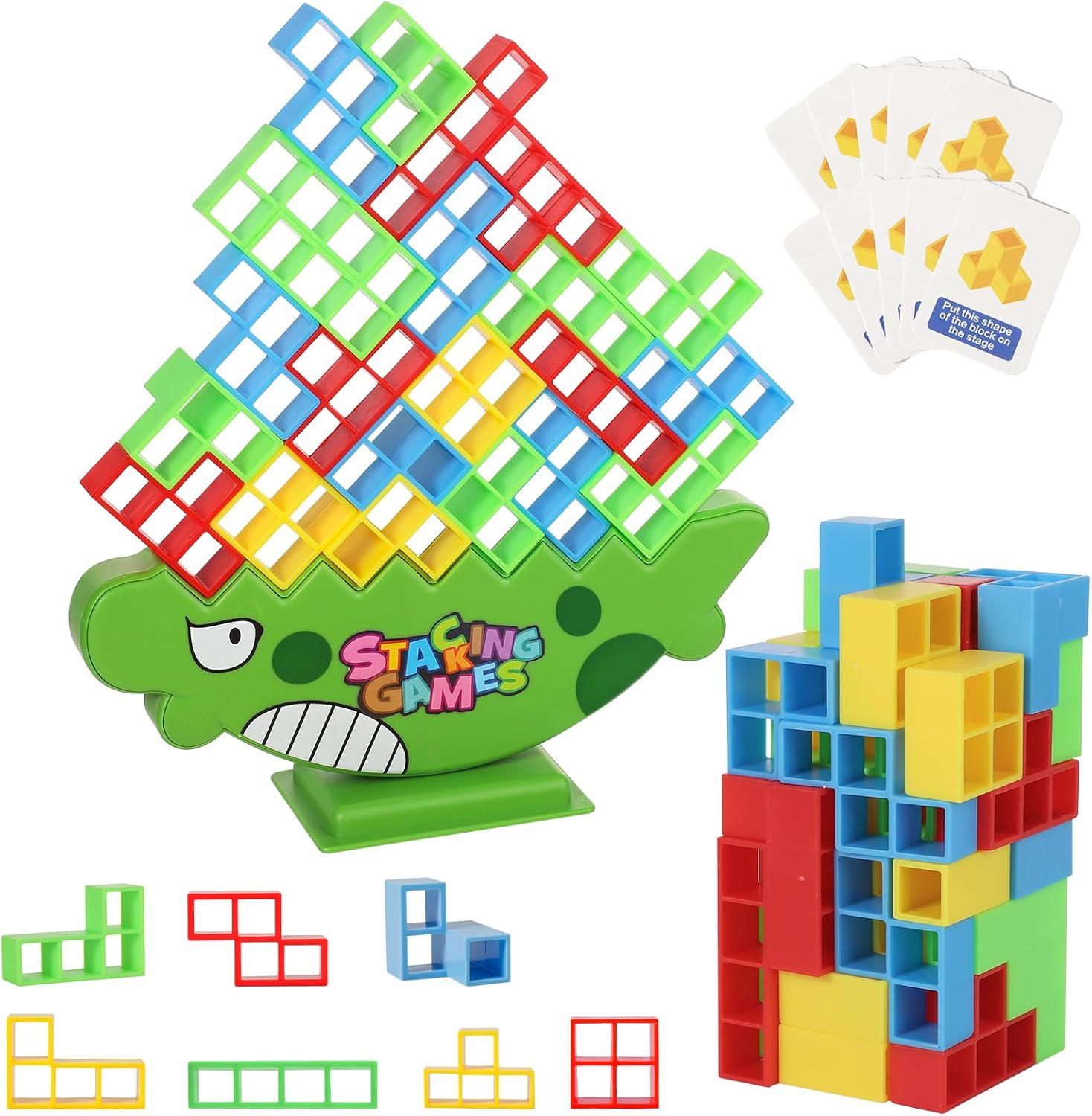 64pcs Dinosaur Balance Stacking Blocks Game for Tetra Tower, Tetratower Stacking Game Funny Building Tower Game Board Games for 2 Players Stack Game Balancing Toy for Kids Adults Family Parties Travel