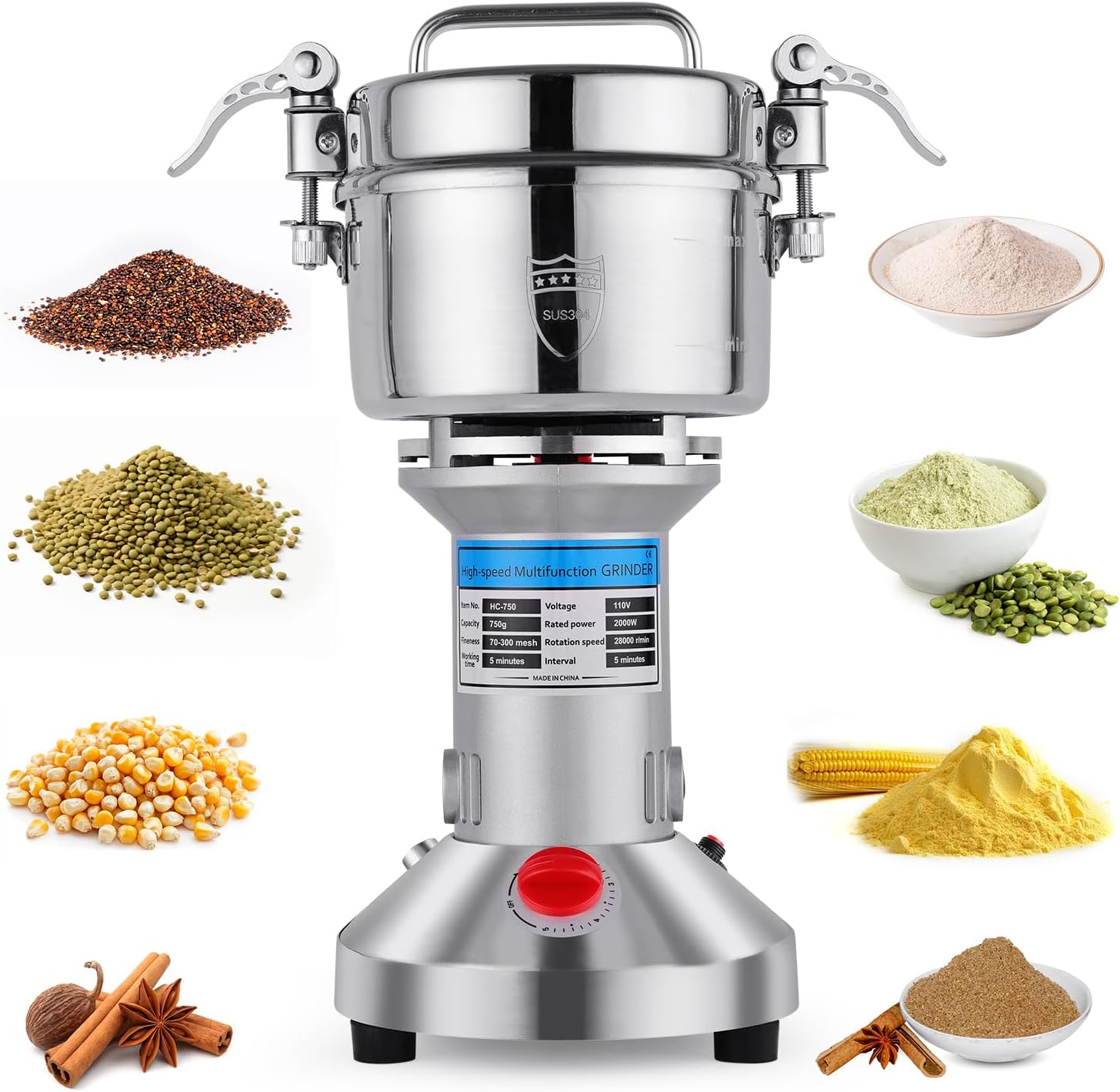Grain Mill Grinder - High-Speed 750g 304 Stainless Steel Professional Grain Mill & Spice Grinder for Kitchen and Coffee Shop - Grinds Grains, Corn, Coffee, and Dry Spices with Easy Operation
