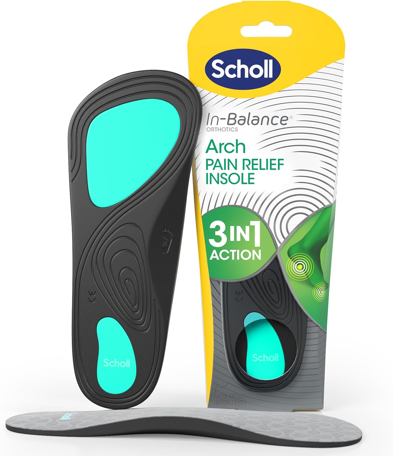Scholl in-Balance Orthotics Plantar Fasciitis Pain Relief Insoles - 3-in-1 Insoles for Lower Back, Arch Support, Knee and Ankle Pain, 1 Pair