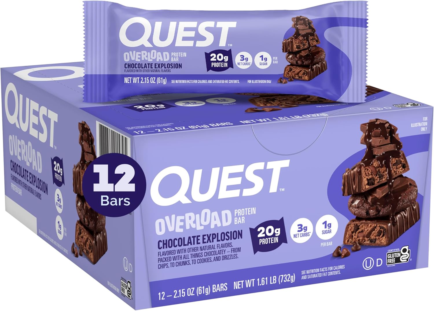 Quest Nutrition Overload Protein Bars, Chocolate Explosion, 20g Protein, 1g Sugar, 3g Net Carbs, Gluten Free, 12 Count