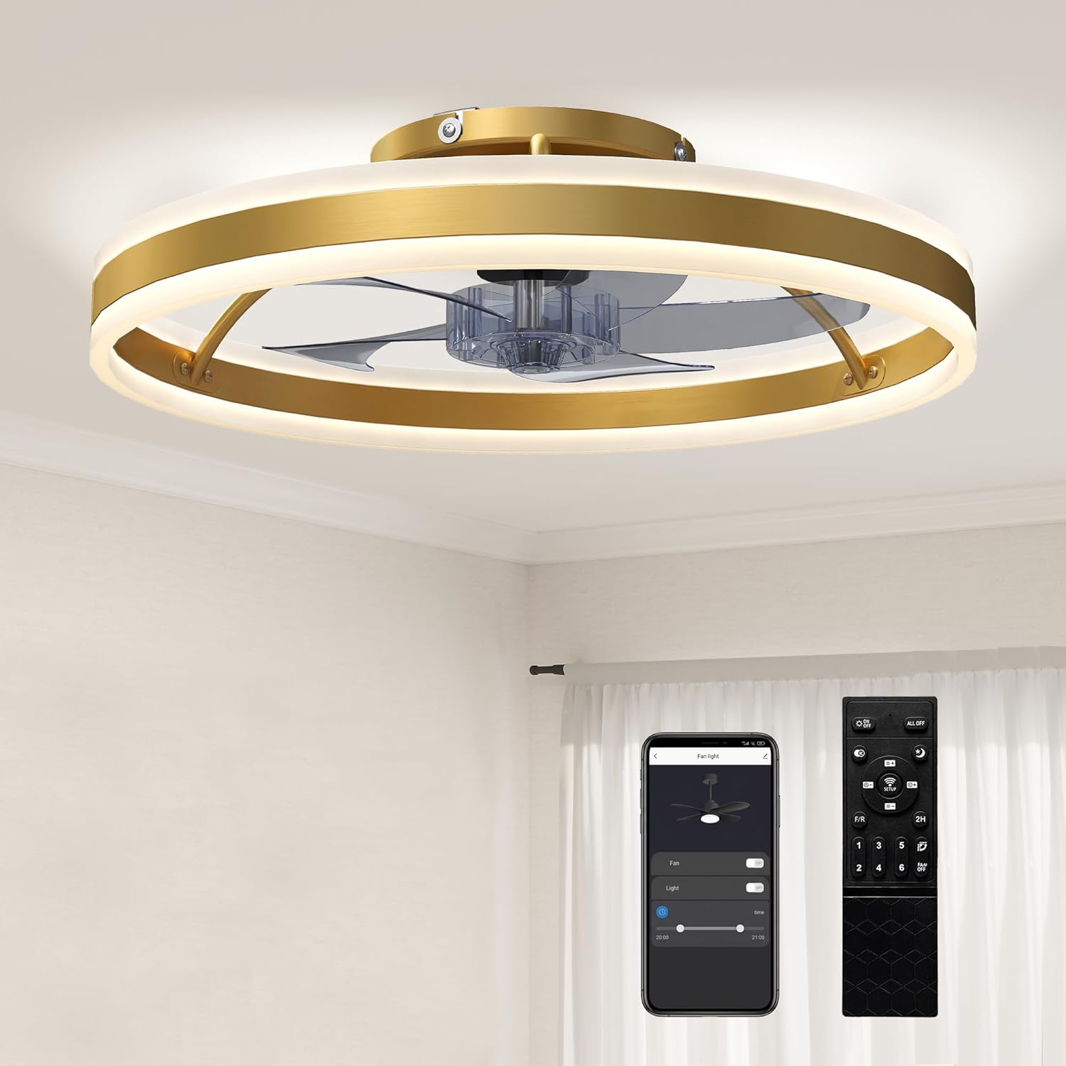 HOMCOM Ceiling Fans with Lights and Remote & App Control, 50 cm Modern LED Ceiling Fan Light with 3 Colour Temperatures, 6 Speed, Dimmable, Timer Quiet Reversible DC Motor, for Bedroom, Gold Tone