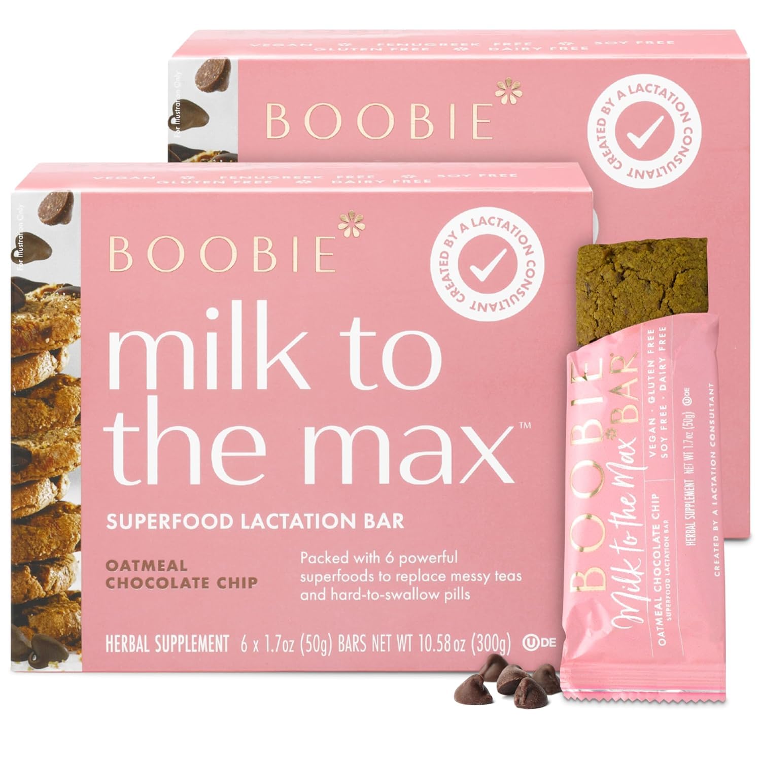 Boobie Bar Superfood Oatmeal Chocolate Chip Lactation Bar for Breastfeeding Moms to Increase Milk Supply | #1 Selling Lactation Snack Bars | Vegan, Fenugreek-Free, Gluten-Free, Dairy-Free (12 Bars)