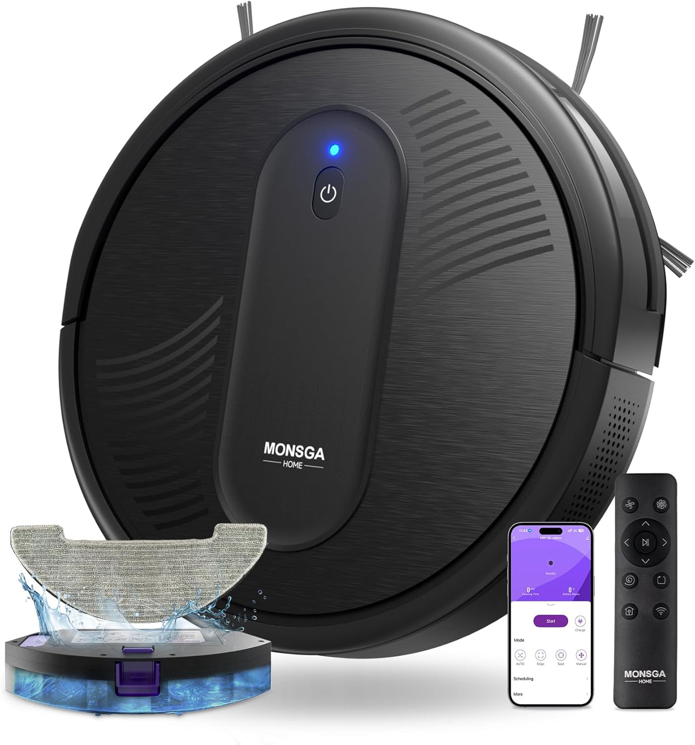 MONSGA Robot Vacuum with Mop, 3 in 1 Vacuum and Mop Robotic Vacuum with Auto Boost, 140mins Runtime, 3000Pa Powerful Suction, 3.2 inch Thin Robot Hoover, APP/Remote/Voice Control, for Hard Floors