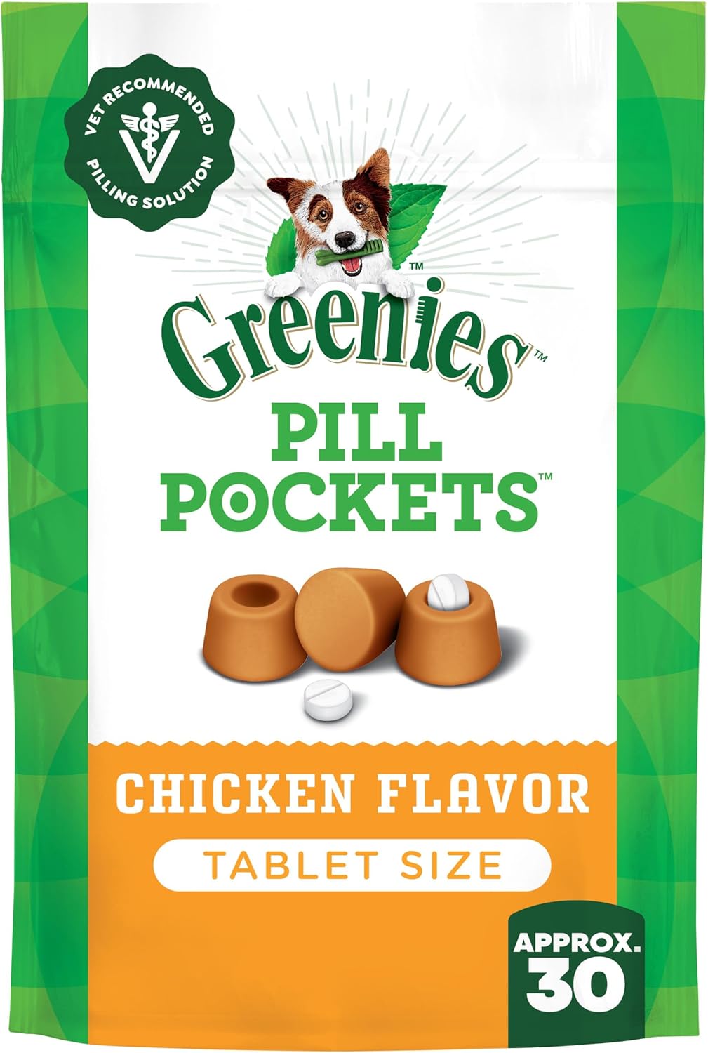 Greenies PILL POCKETS for Dogs Tablet Size Natural Soft Dog Treats, Chicken Flavor, 3.2 oz. Pack (30 Treats)