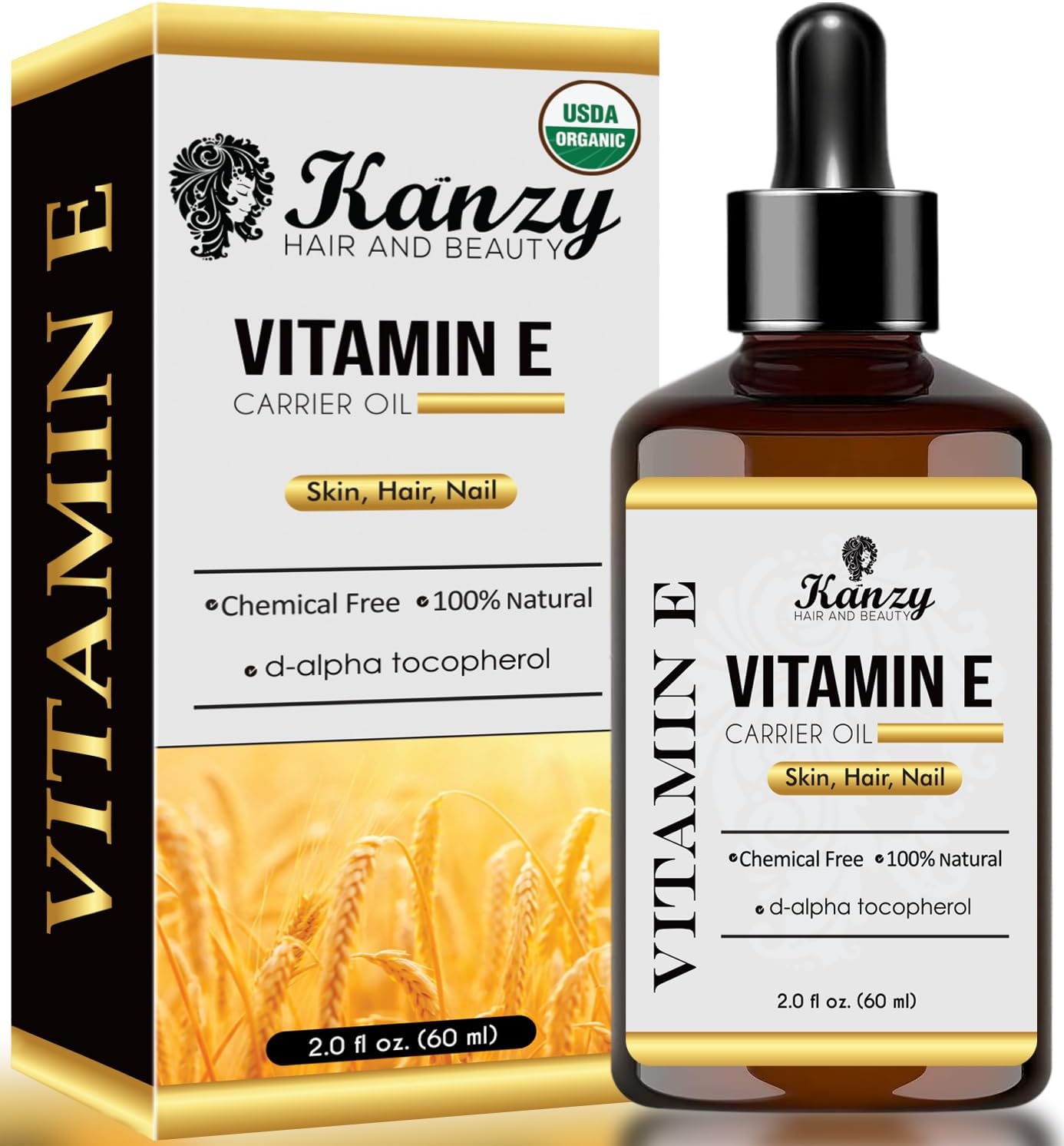 Kanzy Vitamin E Oil for Face & Skin 100% Naturally Sourced Plant-Based Organic Pure Vitamin E Oil for Hair d-Alpha-tocopherol Body Oil for Women & Men, Strengthens & Moisturizes Nails 60ml Body Oil