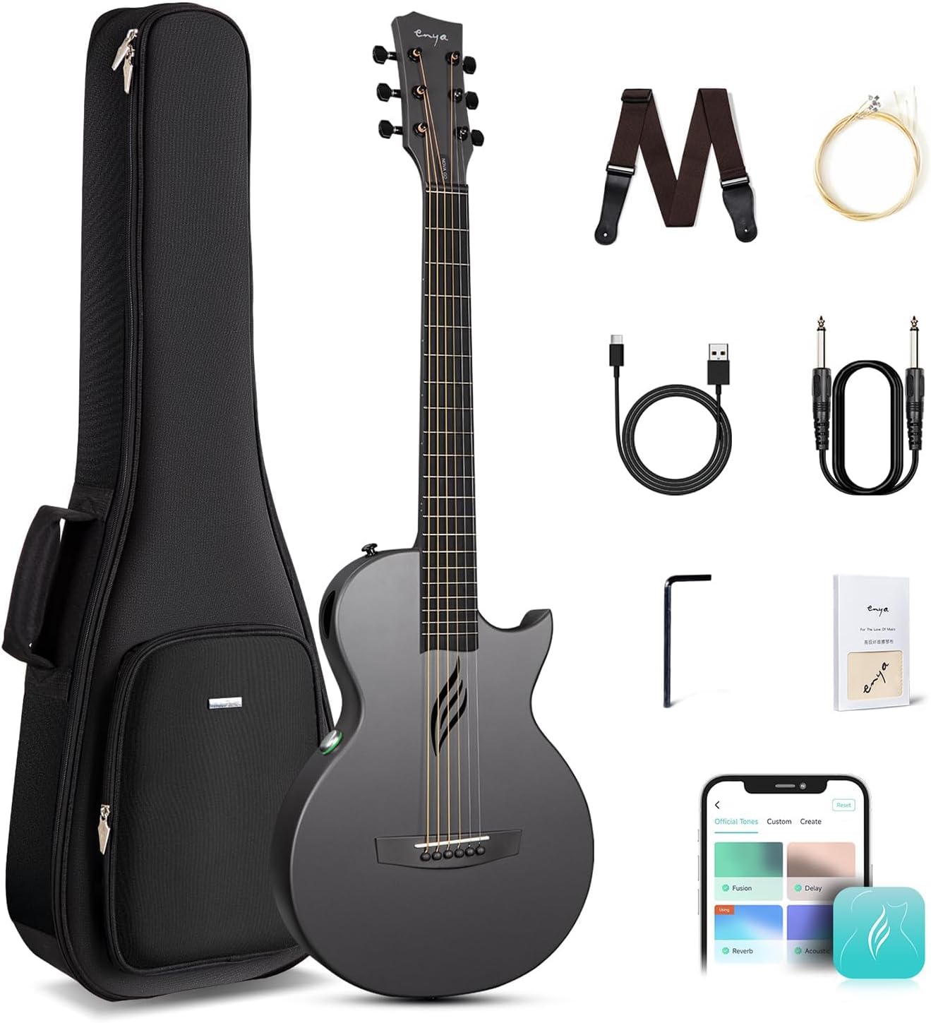 Enya Nova Go SP1 Acoustic Electric Beginner Guitar Set Carbon Fibre Black with Smart AcousticPlus Pickup Charging Cable Audio Cable Gig Bag for Children Adults School Home Travel