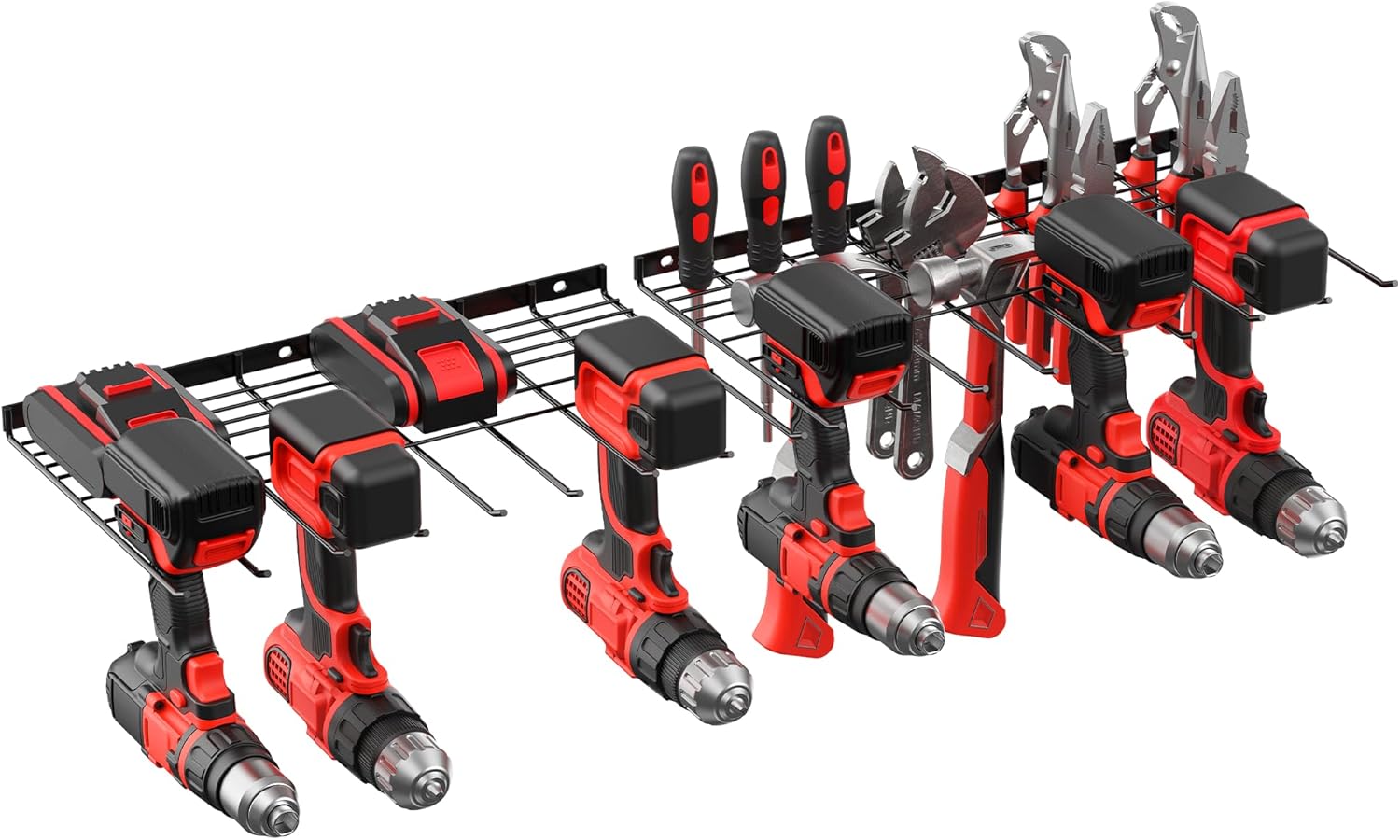 JUNNUJ 2 Pack Power Tool Organzier Wall Mount, Heavy Duty 8 Drill Holder, Garage Drill Storage Rack Utility Metal Tools Shelf with 6-Layer Slots for Screwdriver, Plier and Hammers Organization, Black