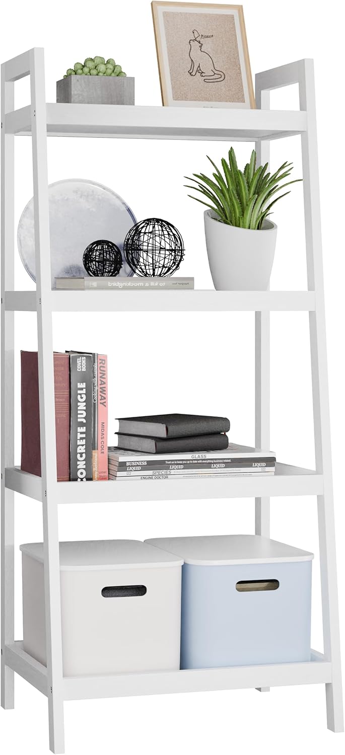 SMIBUY Bamboo Ladder Bookcase, Bathroom Storage Rack Organizer, 4 Tier and 5 Tier Freestanding Plant Display Stand Space Saver Shelves for Bedroom, Balcony (White, 4 Tiers (99cm H))