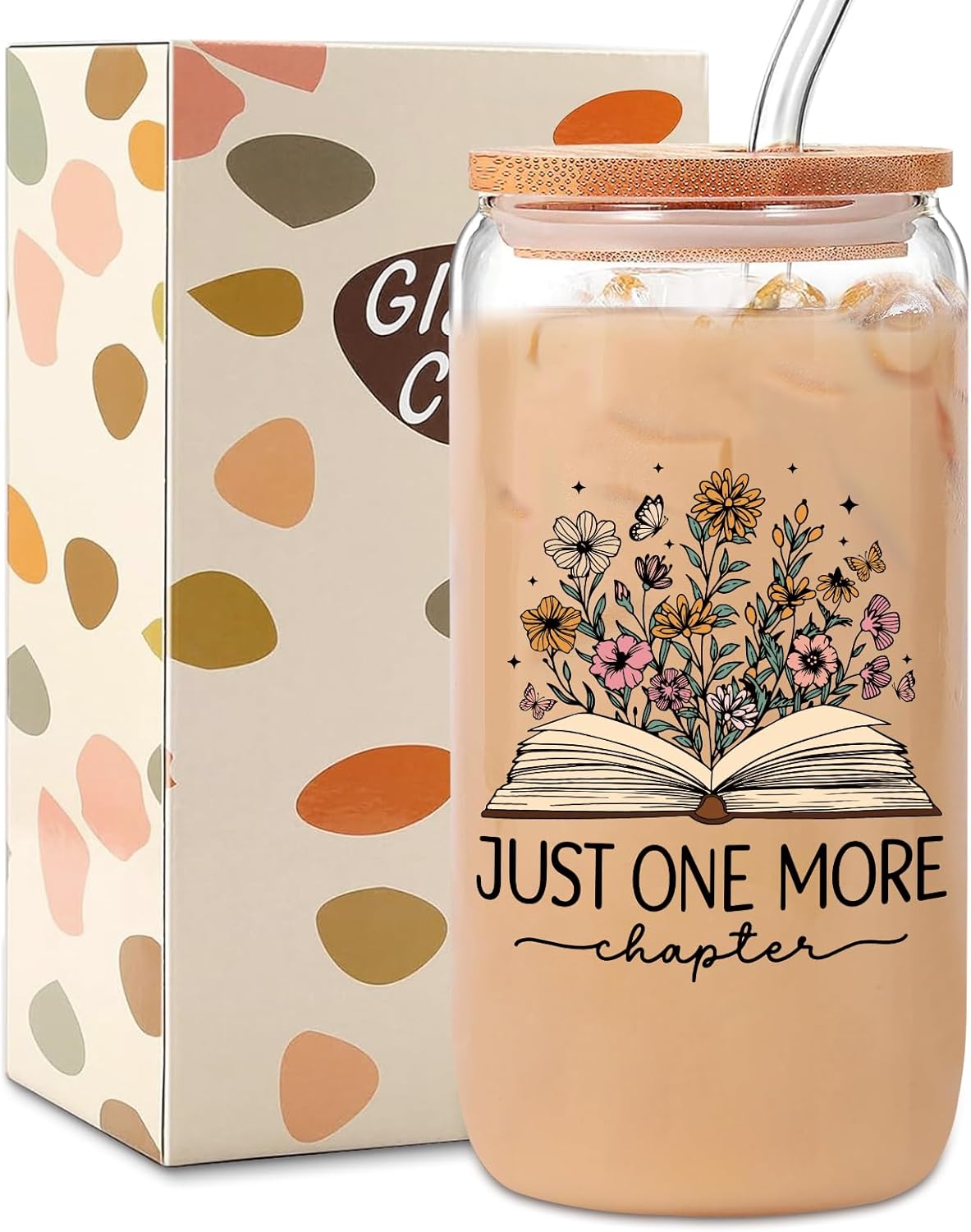 Just one more Chapter,Book Lovers Gifts for Women,Cute Book Birthday Christmas Gifts for Bookish Bookworms Readers Librarian Teacher Book Nerd Friends,16 oz Glass Cups with Lids and Straws