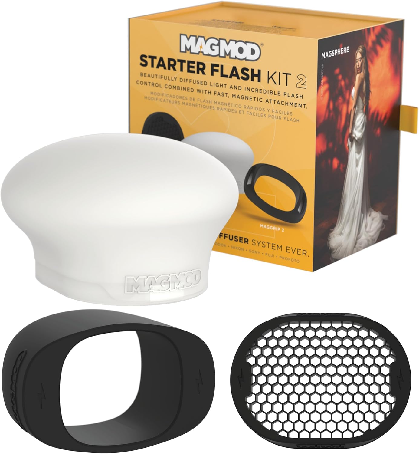 MagMod Starter Flash Diffuser Kit 2, Magnetic Flash Modifier Set for On- and Off-Camera Photography, Includes MagGrip 2, MagGrid 2 and MagSphere 2, Compatible with 99% of All Speedlites