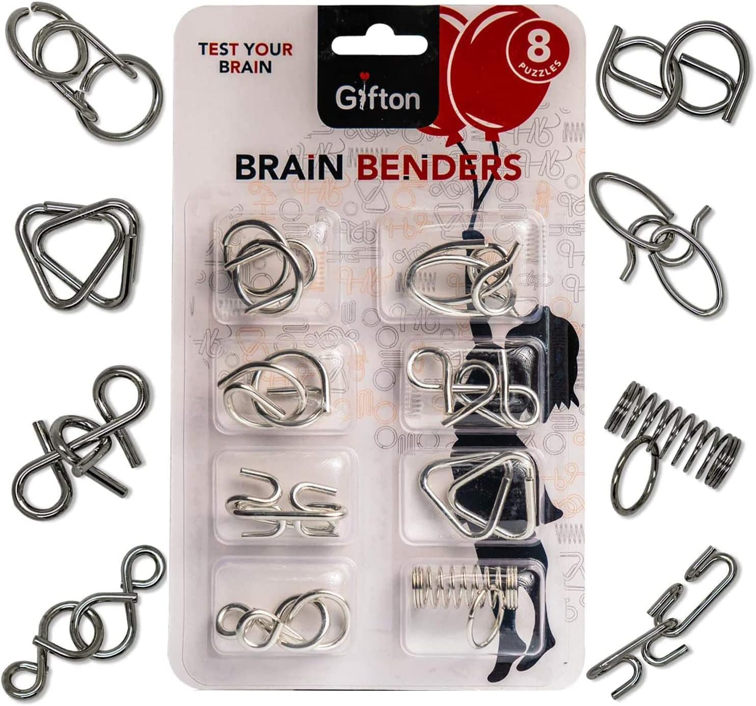 Gifton - Metal Brain Teaser Wire Jigsaw Puzzle - Mind IQ Test Toy - Gift for Kids Boys Girls Teens Men Women Adult Birthday Present - Cracker Christmas Stocking Filler (Pack of 8)