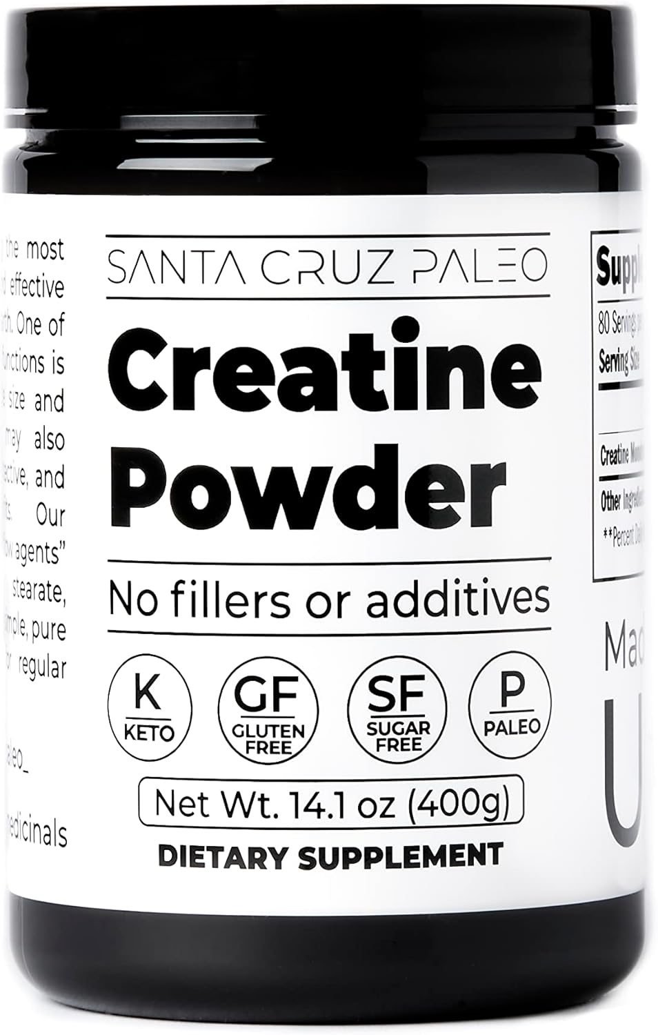 Santa Cruz Paleo, Creatine Monohydrate Powder Micronized, Unflavored Pre Workout and Muscle Support Supplement, Gluten Free Keto, Mix with Water or Shakes, No Fillers or Additives, 80 Servings, 400g