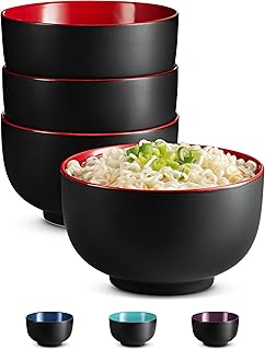 KooK Ramen Bowl, Japanese Bowls, Noodle Bowls, Large Soup Bowl, Ceramic, Large Capacity, For Ramen, Pho, Udon, Soba, Microwave and Dishwasher Safe, 34 oz, Set of 4 (Black/Red)