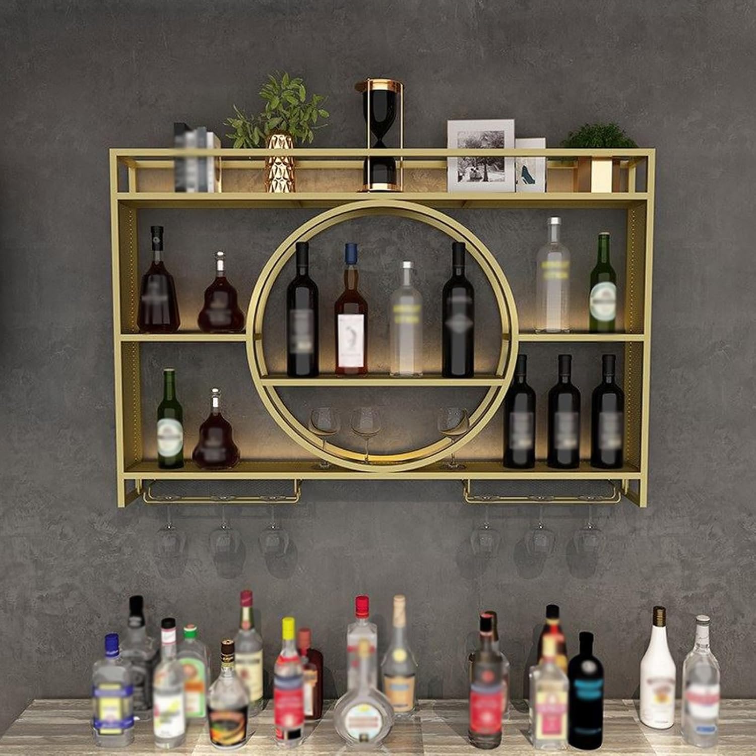 Wall Mounted Wine Rack, Modern Metal Wall Hanging Wine Racks, Wine Shelf with Glass Rack, Multifunctional Wine Racks Wall Mounted , Round Wine Holder Cabinet for Home Restaurant Bars (Gold, 100cm)