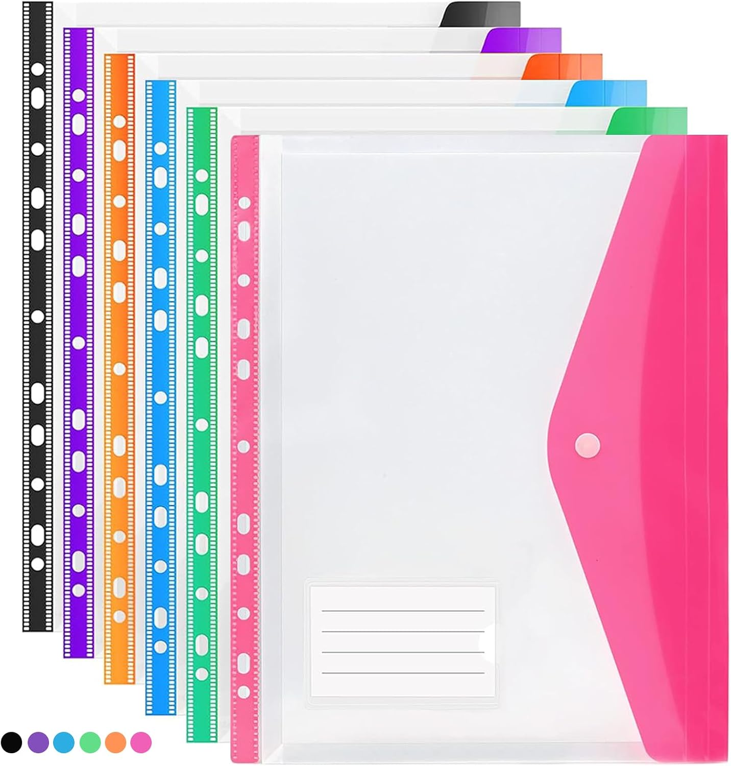 6 Pcs Punched Pockets A4 Plastic Wallets File Folders Clear Assorted Coloured Envelope with Label Pocket Snap Button for School Home Office (Side Opening)