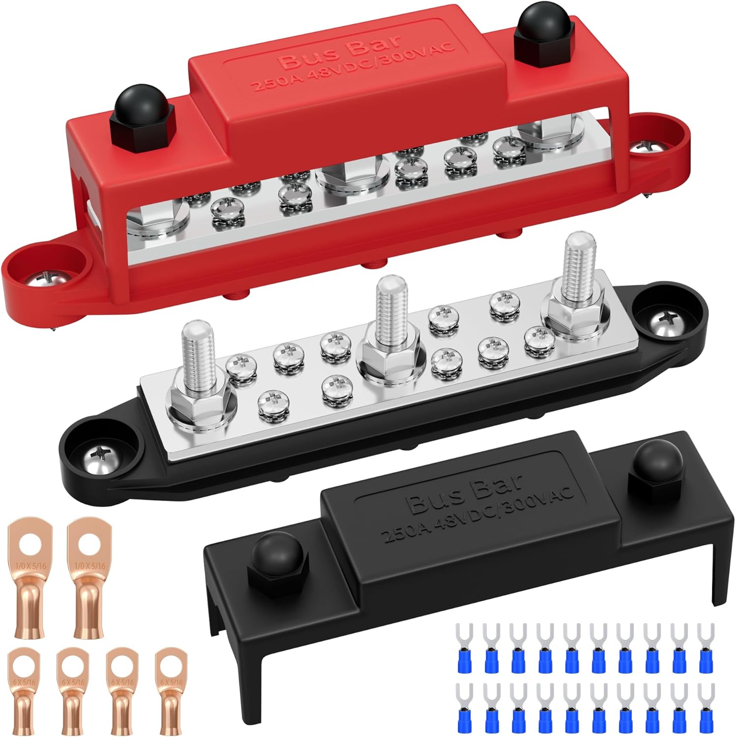 Joinfworld Power Distribution Block Bus Bar 12V 250A with 3 x 5/16"(M8) Studs, Marine Bus Bar Terminal Block 12 Volt DC Battery Busbar with Cover - Negative&Positive