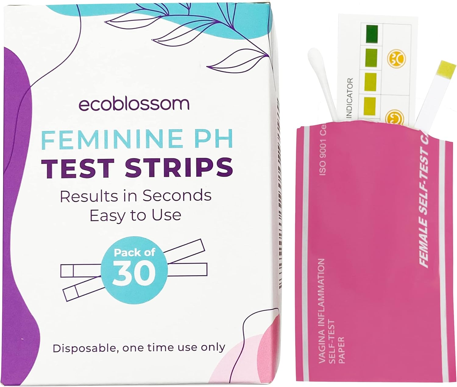 Ecoblossom Vaginal pH Test Strips for Women - Check pH Balance - Monitor Bacterial Vaginosis BV Treatment - Prevent Yeast Infection UTI - Fast Accurate Results, Individual Sealed Pouch (30 Count)