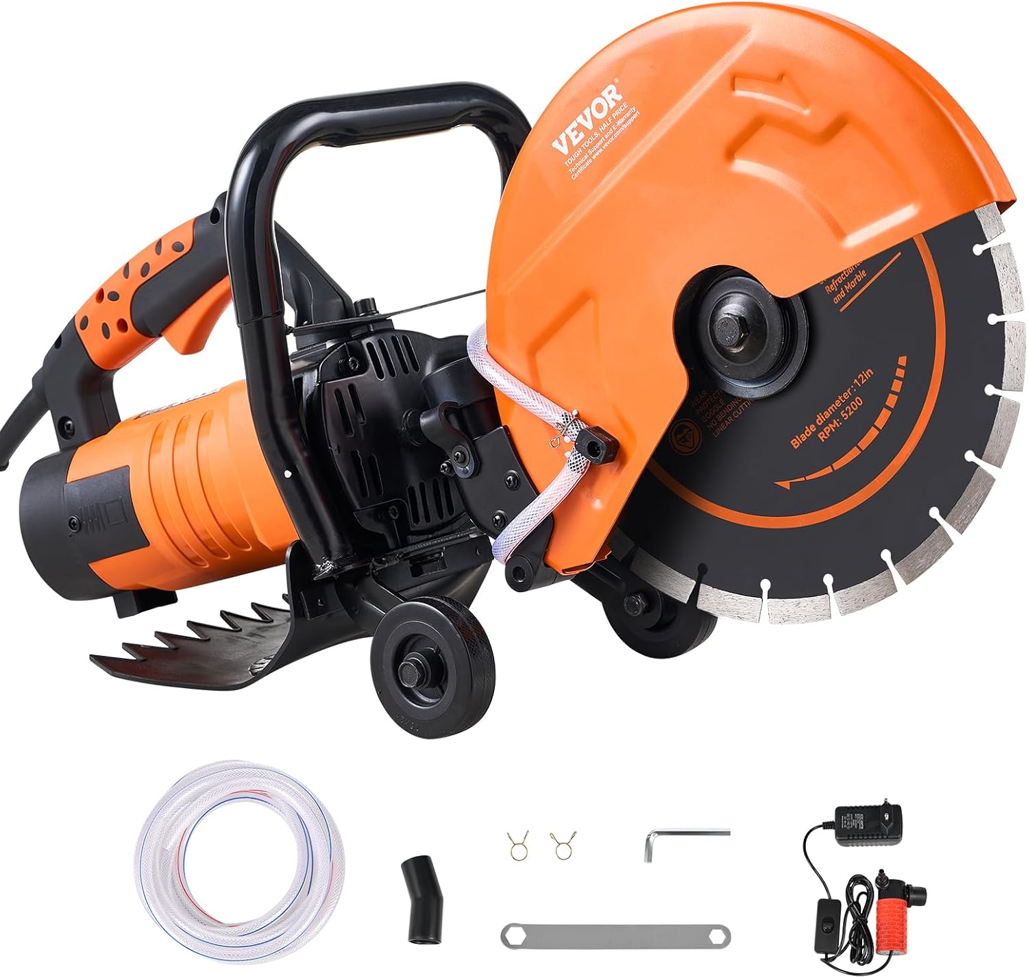 VEVOR Electric Concrete Saw, 12 in, 1800 W Motor Circular Saw Cutter with Max. 4.5 in Adjustable Cutting Depth, Wet Disk Saw Cutter Includes Water Line, Pump and Blade, for Stone, Brick