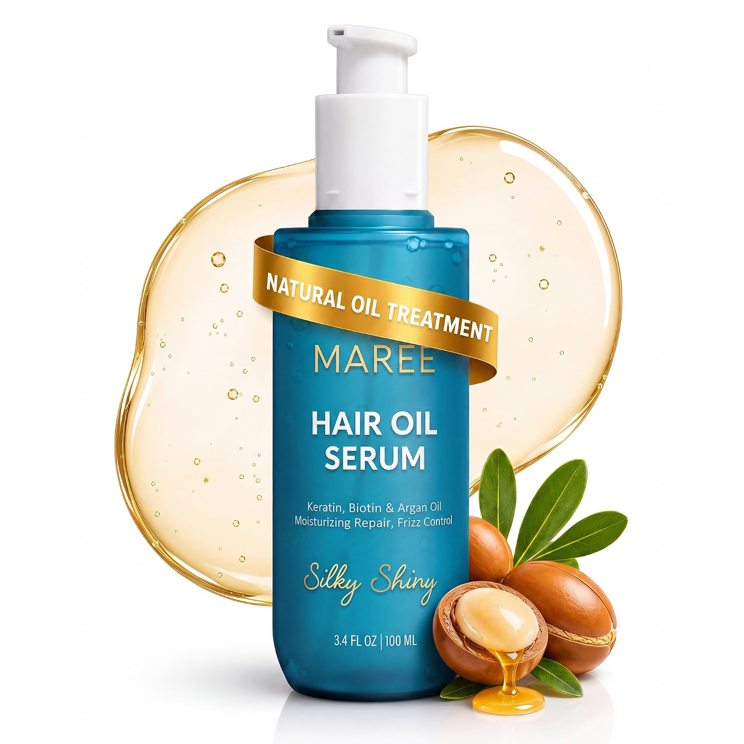 MAREE Hair Oil for Frizzy Hair with Argan Oil, Keratin & Biotin – Hair Serum for Dry and Curly Hair Gloss – Frizz Control Hair Care Products for Women – Aceite Para el Cabello – Keratin Hair Treatment
