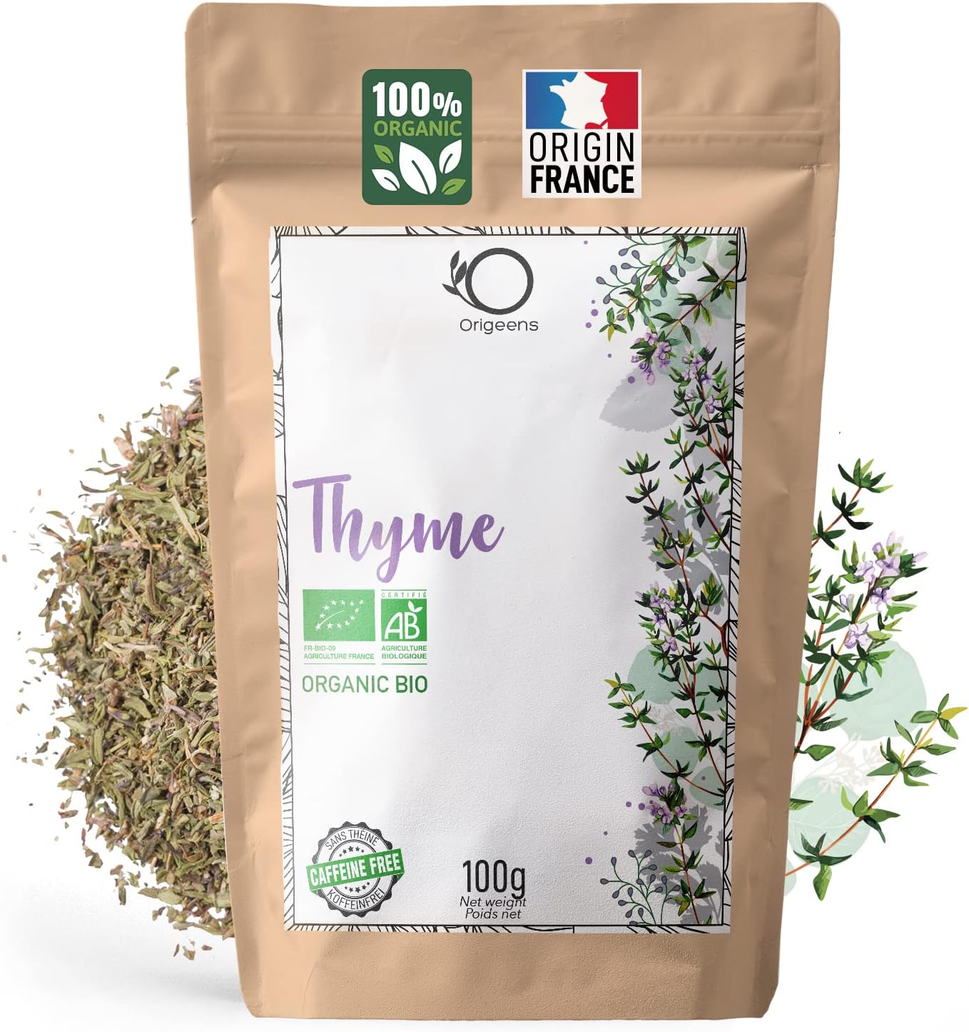 ORIGEENS Organic Thyme Tea 100g - Origin France | Dried Leaves for Cough Tea and Cooking