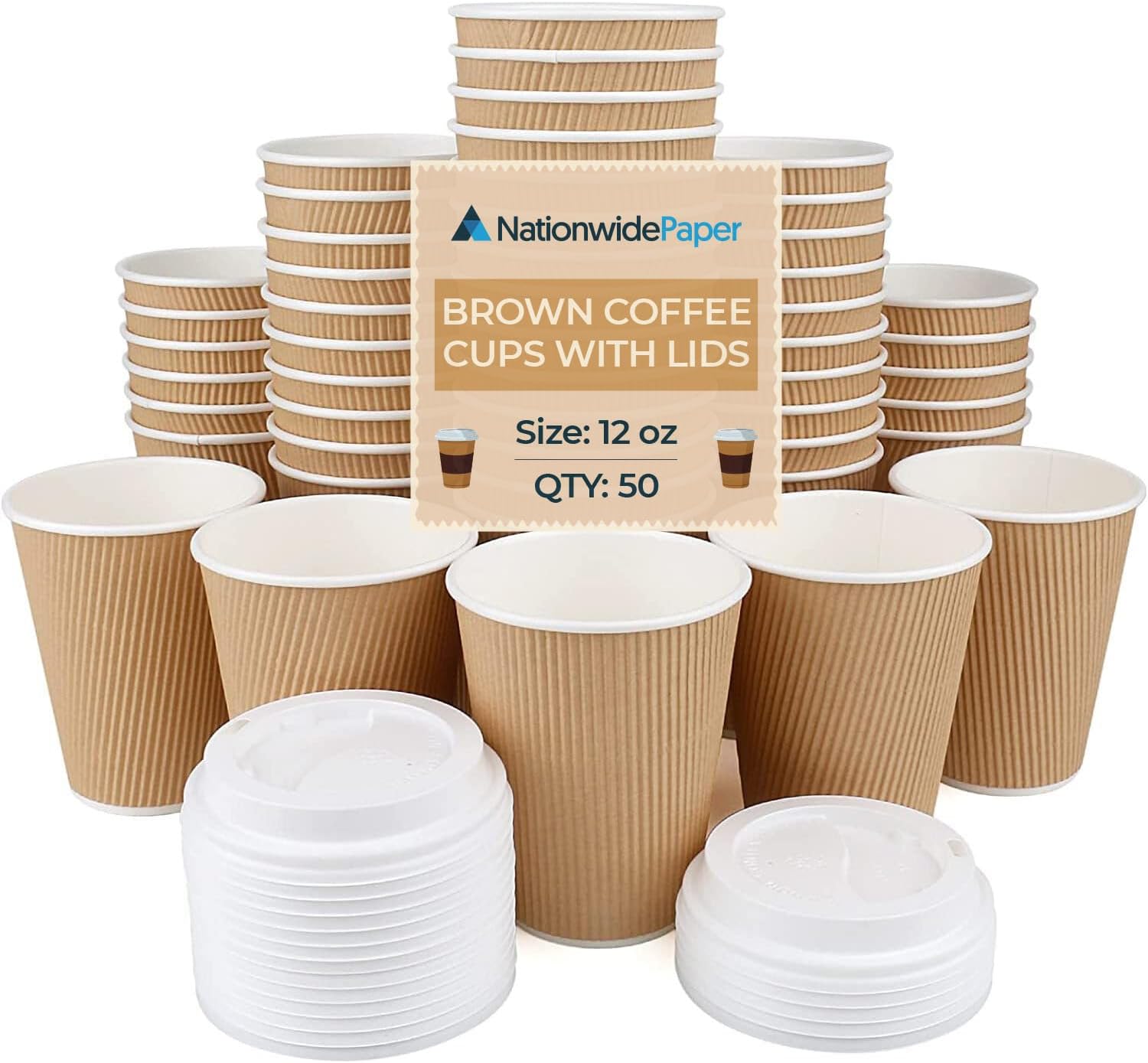 Nationwide Paper Coffee Cups with Lids 12oz Disposable Takeaway Coffee Cups Triple Walled Ripple Cups Brown - 50 Pcs