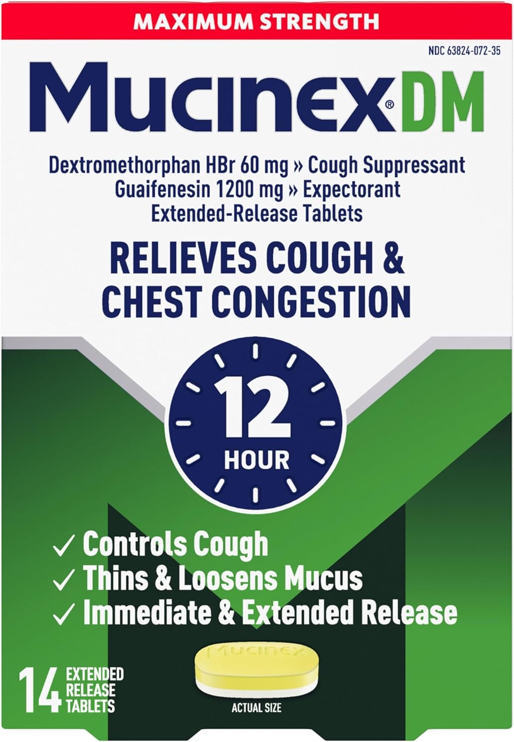 Mucinex DM 12Hr Maximum Strength Chest Congestion & Cough Medicine For Adults, Cold And Cough Medicine for Excess Mucus Relief, 1200 mg Guaifenesin & 60 mg Dextromethorphan HBr, 14 Bi-Layer Tablets