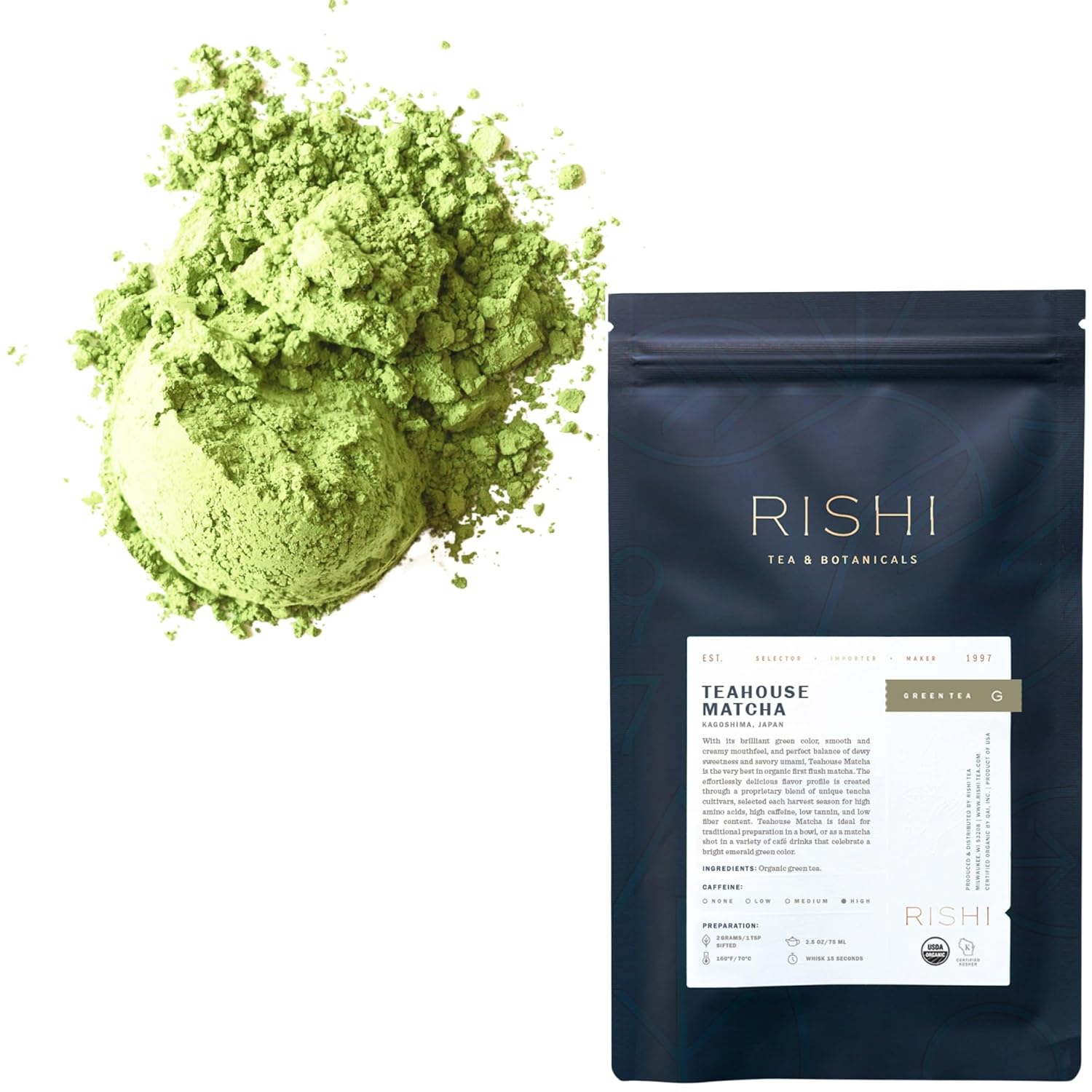 Rishi Tea Teahouse Matcha Powder - Organic Japanese First Harvest Ceremonial Grade Matcha Green, Hot or Iced - 3.52 Ounces, 50+ Servings
