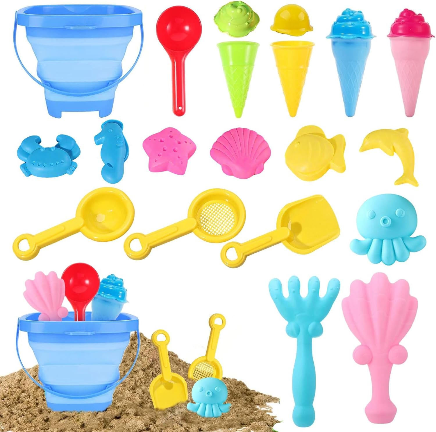 Beach Sand Toys for Kids, 18 PCS Sand Pit Toys with Collapsible Bucket and Ice Cream Beach Toy Sea Animals Molds Sand Shovels Sand Scoops Summer Outdoor Toys for Toddler Kids