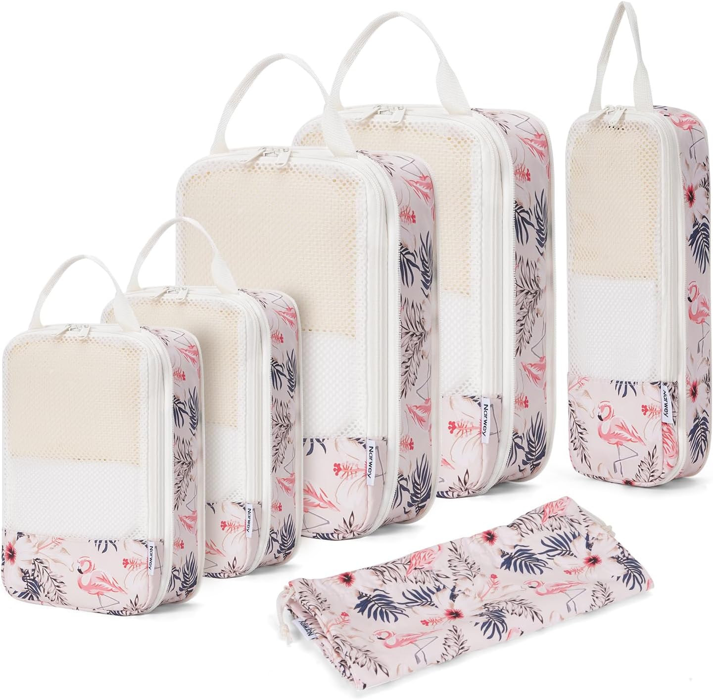 Narwey 6 Set Compression Packing Cubes for Backpack and Suitcases, Travel Organiser Packing Bags for Carry on Hand Luggage Travel Essentials Bag for Women and Girls (Beige Flamingo)